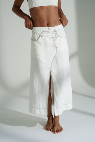 Jax Linen Midi Skirt in Ivory - front view, plain background - Lilly Pilly Collection