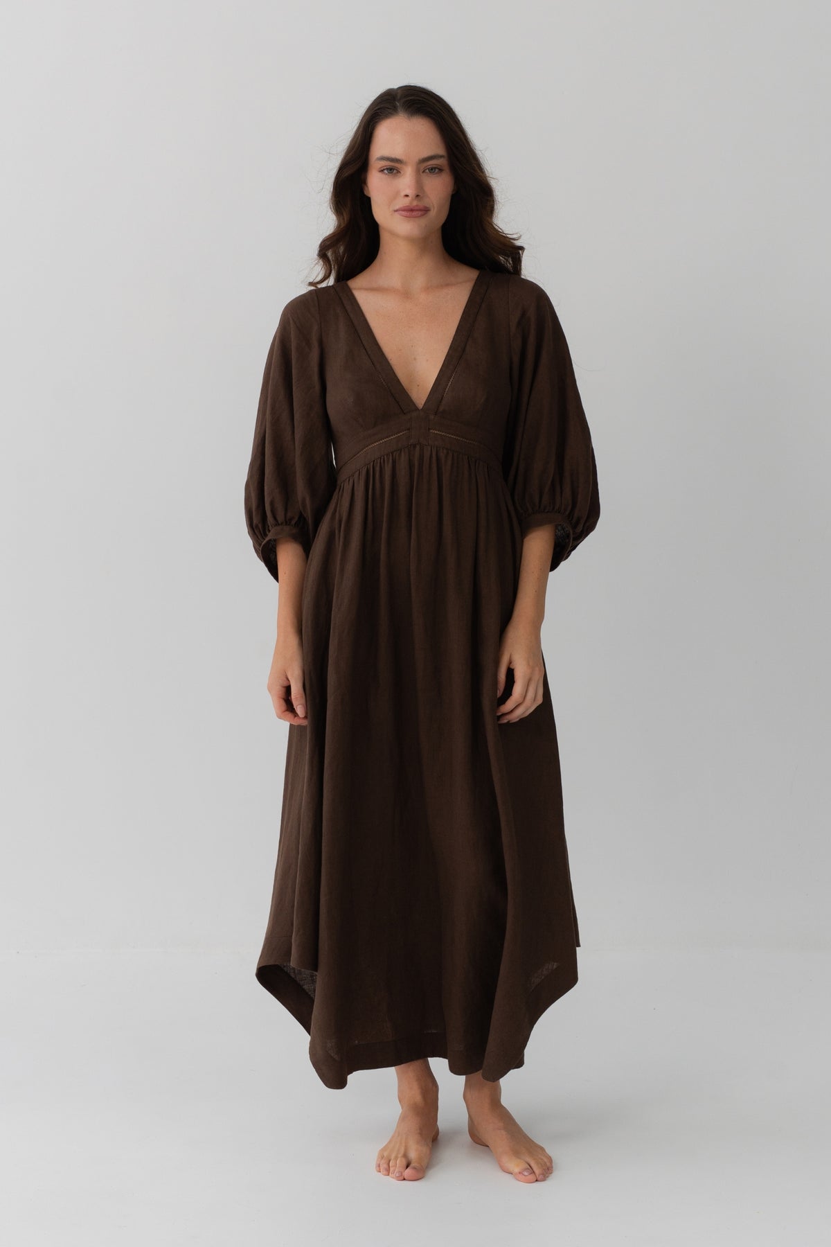 Josie Linen Midi Dress in Chocolate - full front view with deep V-neckline, puff sleeves and relaxed fit - Lilly Pilly Collection