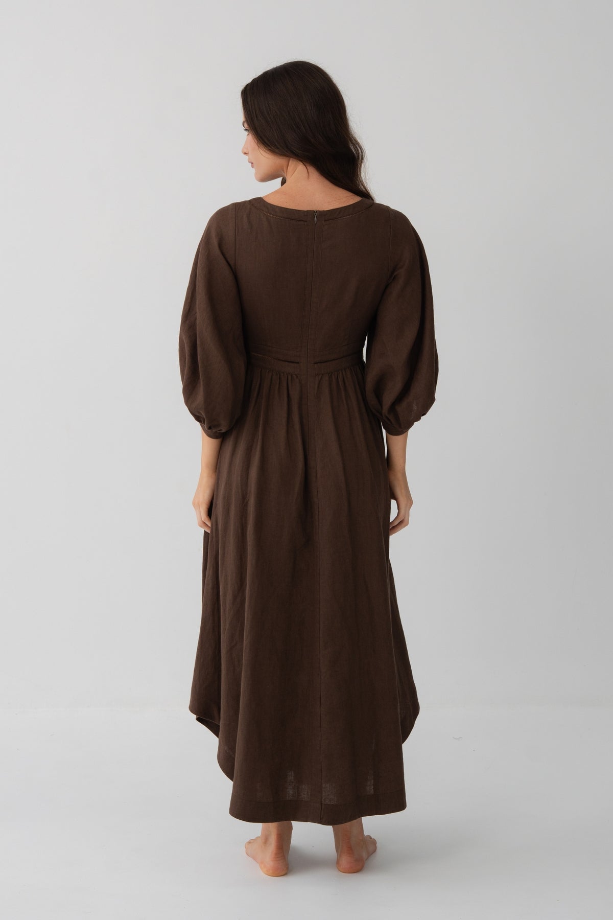 Josie Linen Midi Dress in Chocolate - back view showing gathered waist and midi length - Lilly Pilly Collection