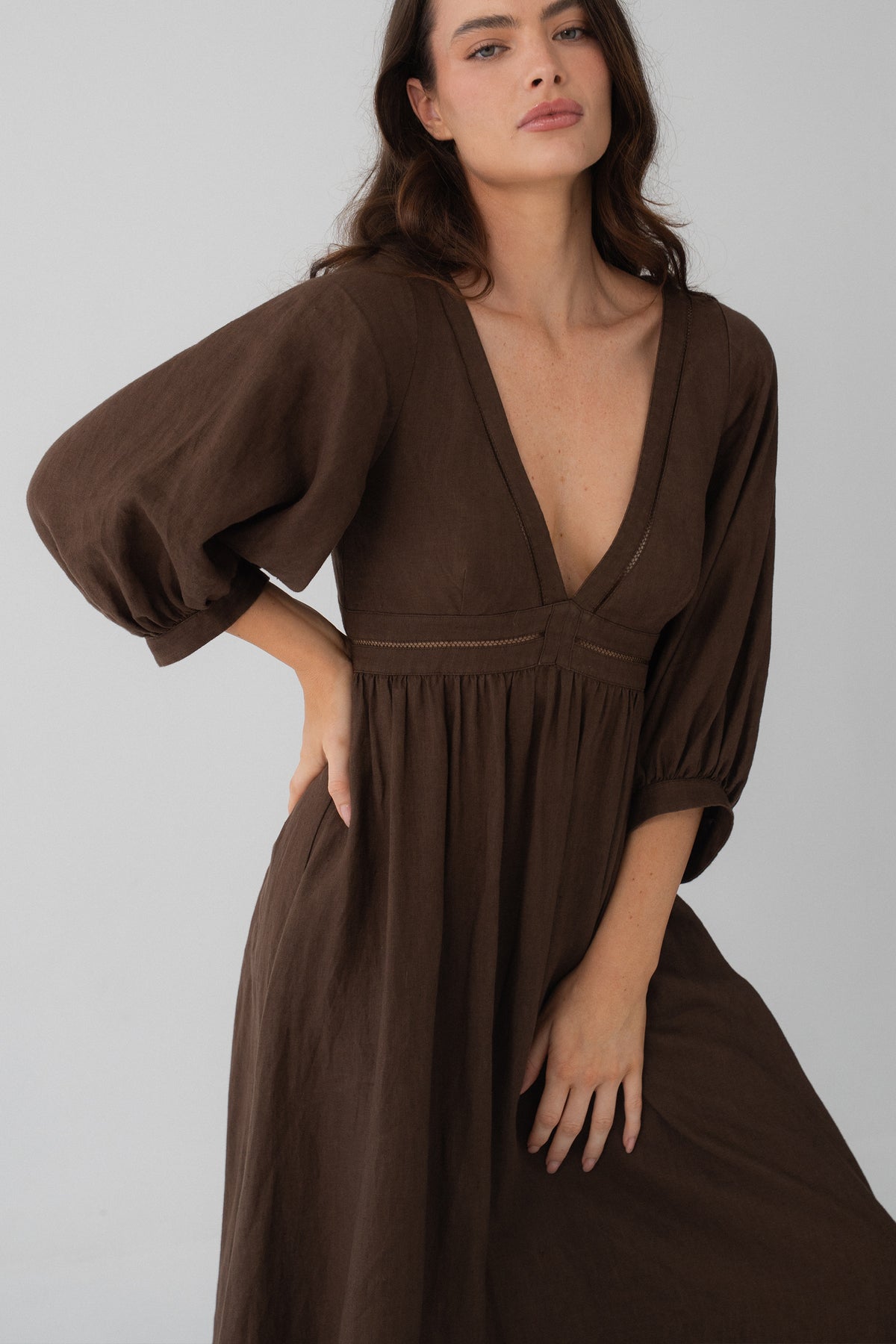 Josie Linen Midi Dress in Chocolate - close-up of deep V-neckline, puff sleeves and gathered waist - Lilly Pilly Collection