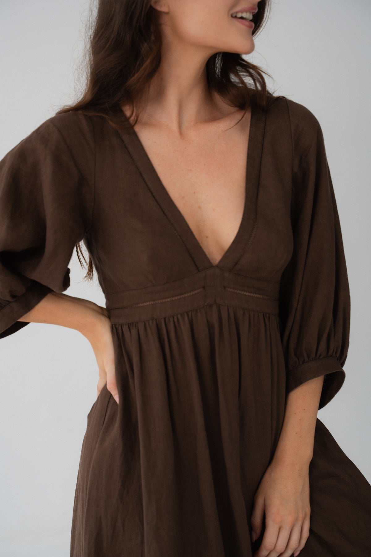 Josie Linen Midi Dress in Chocolate - detail shot of V-neckline and empire waist seam in rich chocolate linen - Lilly Pilly Collection
