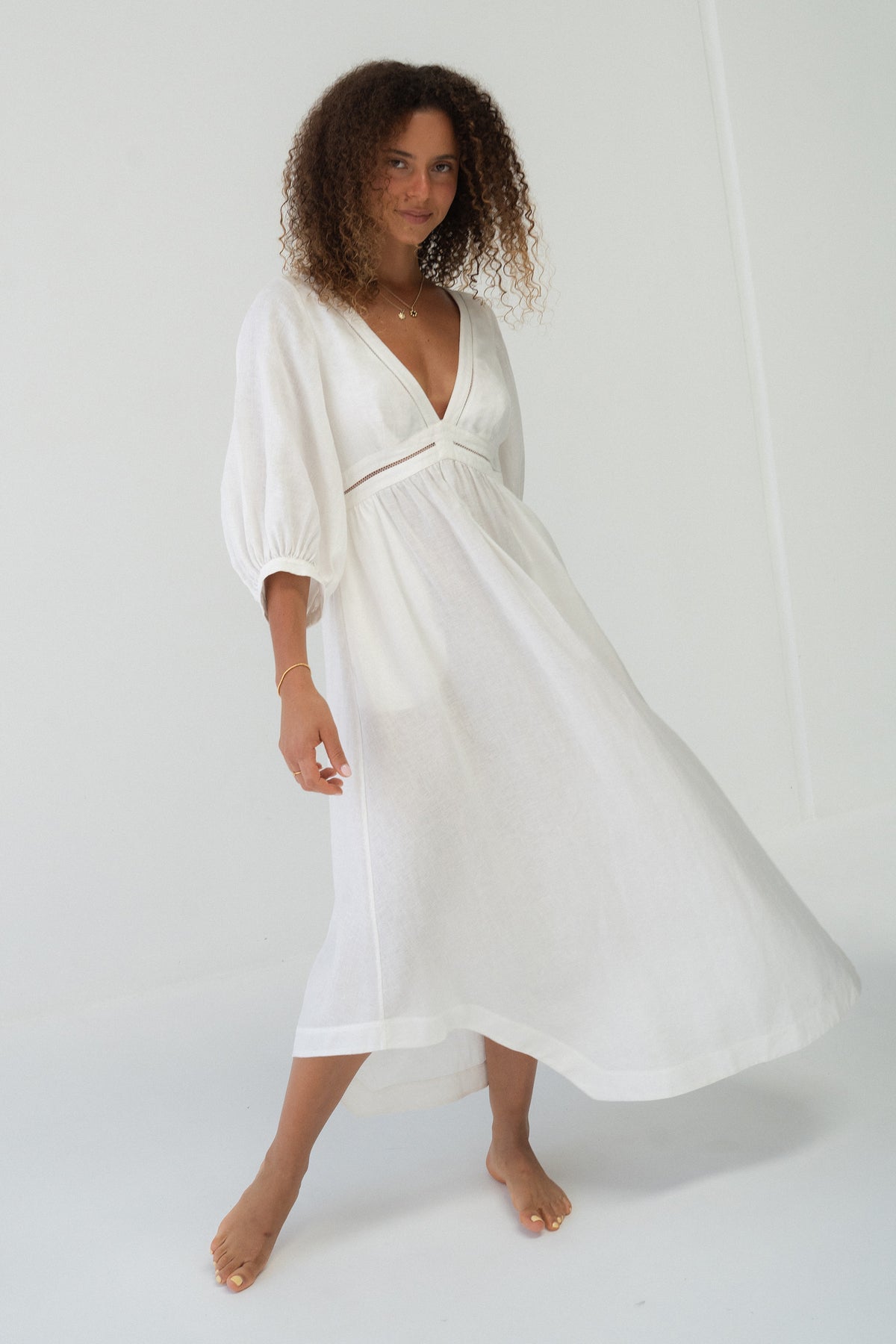 Josie Linen Midi Dress in Ivory - front view showing flowy midi length and relaxed linen drape - Lilly Pilly Collection