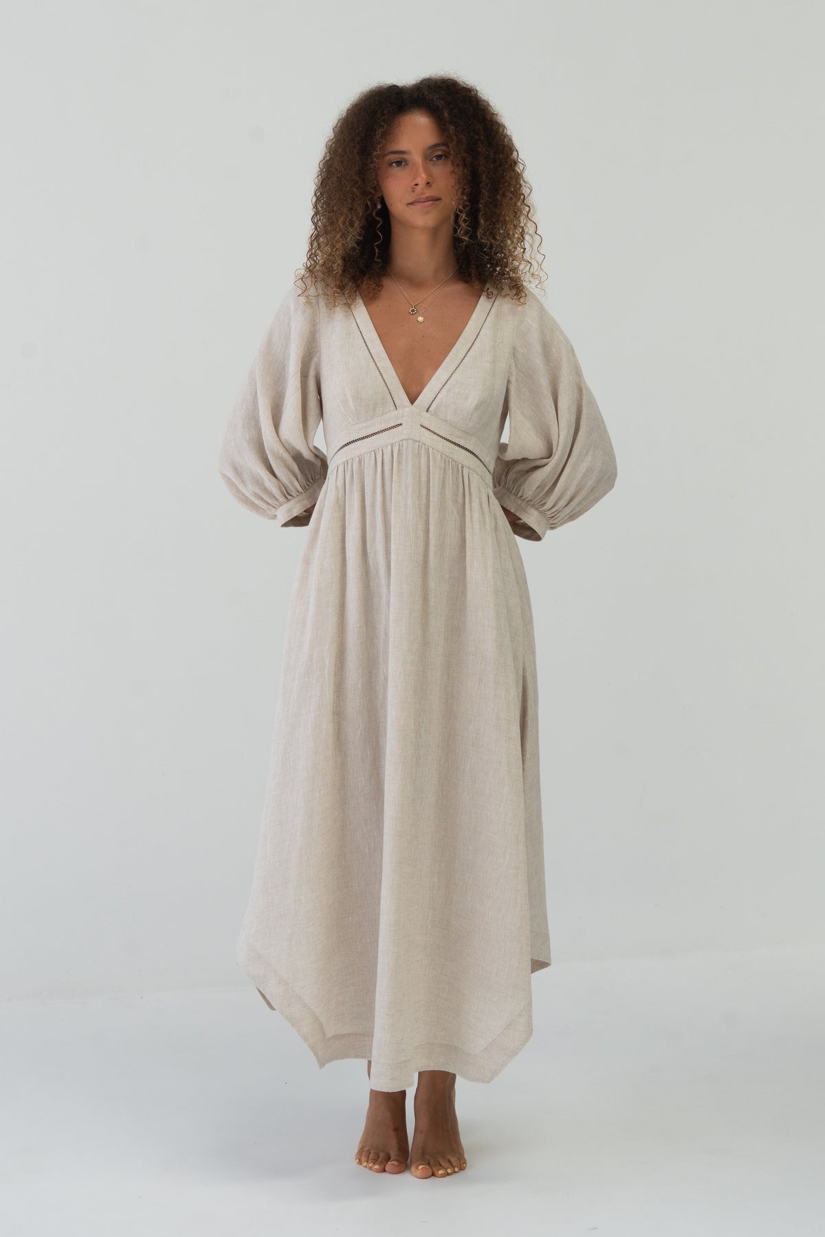 Josie Linen Midi Dress in Oatmeal - full front view with oversized bell sleeves - Lilly Pilly Collection