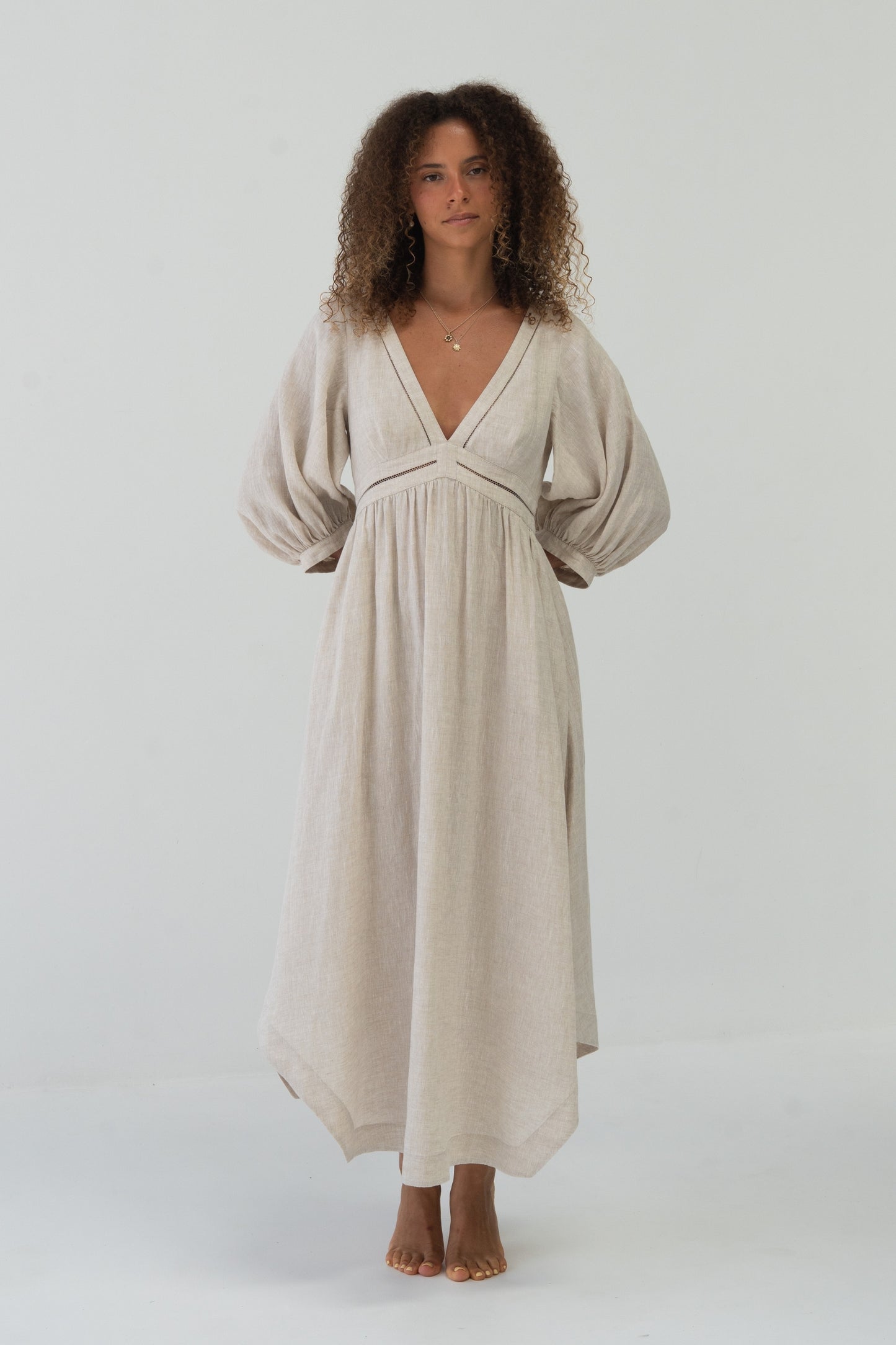 Josie Linen Midi Dress in Oatmeal - full front view with oversized bell sleeves - Lilly Pilly Collection