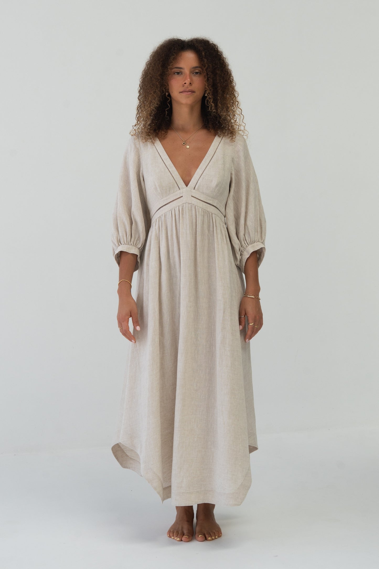 Josie Linen Midi Dress in Oatmeal - front view, deep V-neckline and gathered waist - Lilly Pilly Collection