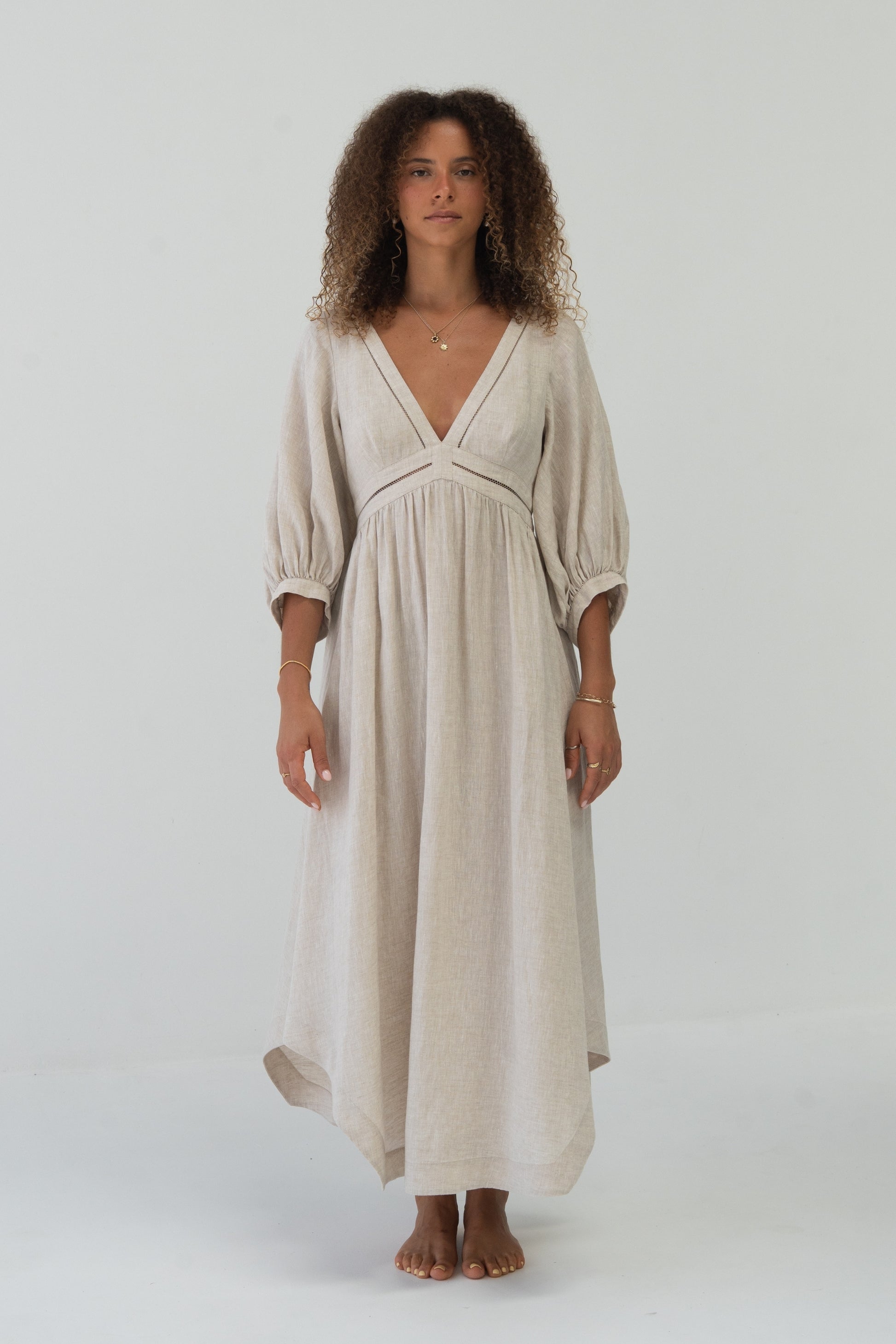 Josie Linen Midi Dress in Oatmeal - front view, deep V-neckline and gathered waist - Lilly Pilly Collection