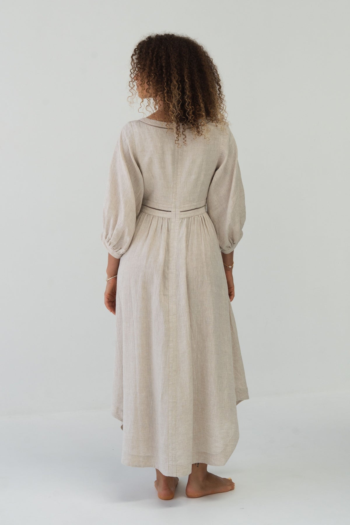 Josie Linen Midi Dress in Oatmeal - back view showing tie waist detail and midi length - Lilly Pilly Collection