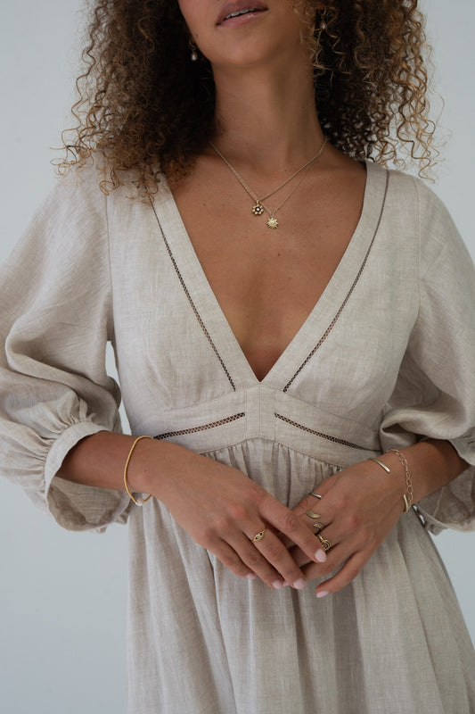 Josie Linen Midi Dress in Oatmeal - close up of neckline and stitching details - Lilly Pilly Collecton