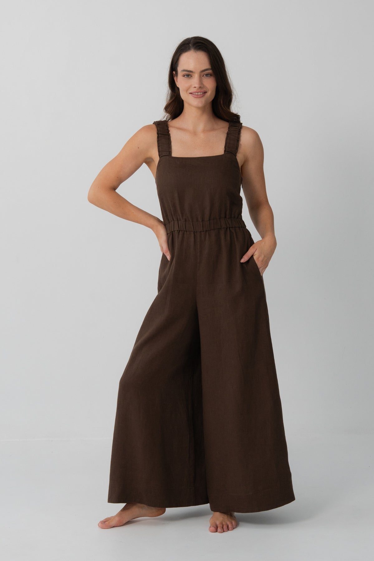 Front view of Keely Linen Jumpsuit in Chocolate - Lilly Pilly Collection
