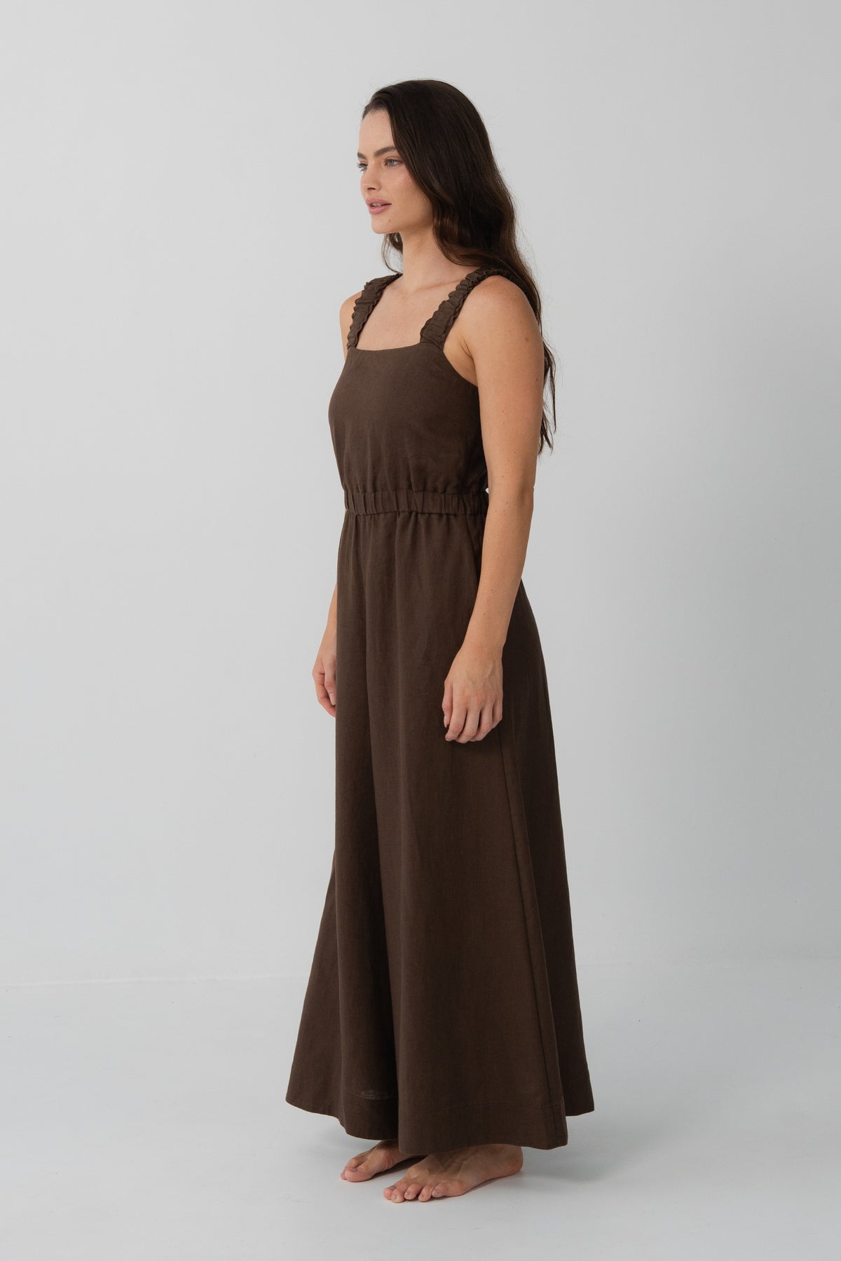 Side angle view of Keely Linen Jumpsuit in Chocolate - Lilly Pilly Collection