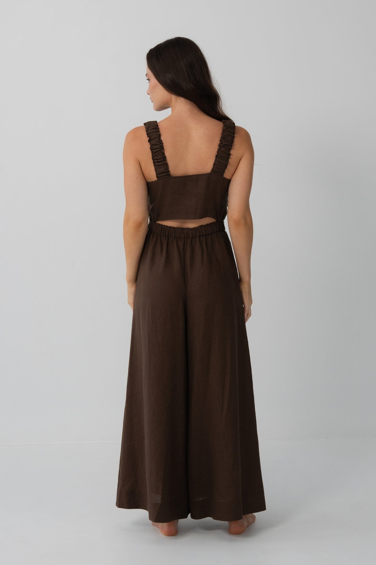 Back view of Keely Linen Jumpsuit in Chocolate - Lilly Pilly Collection