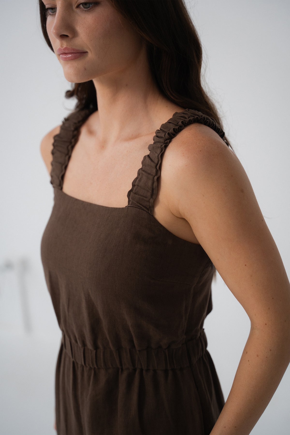 Shoulder strap detail of Keely Linen Jumpsuit in Chocolate - Lilly Pilly Collection