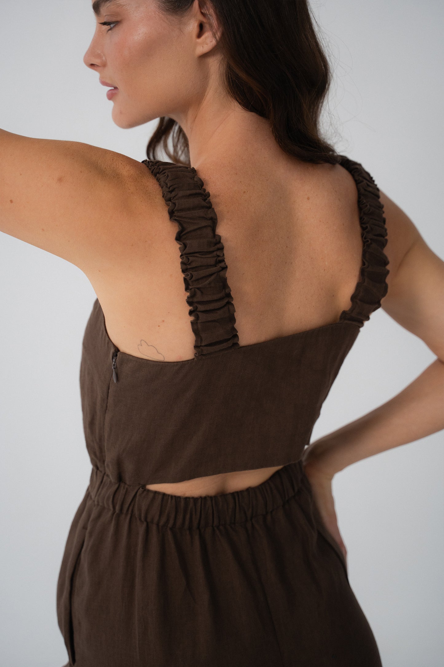 Close up back view of Keely Linen Jumpsuit in Chocolate - Lilly Pilly Collection