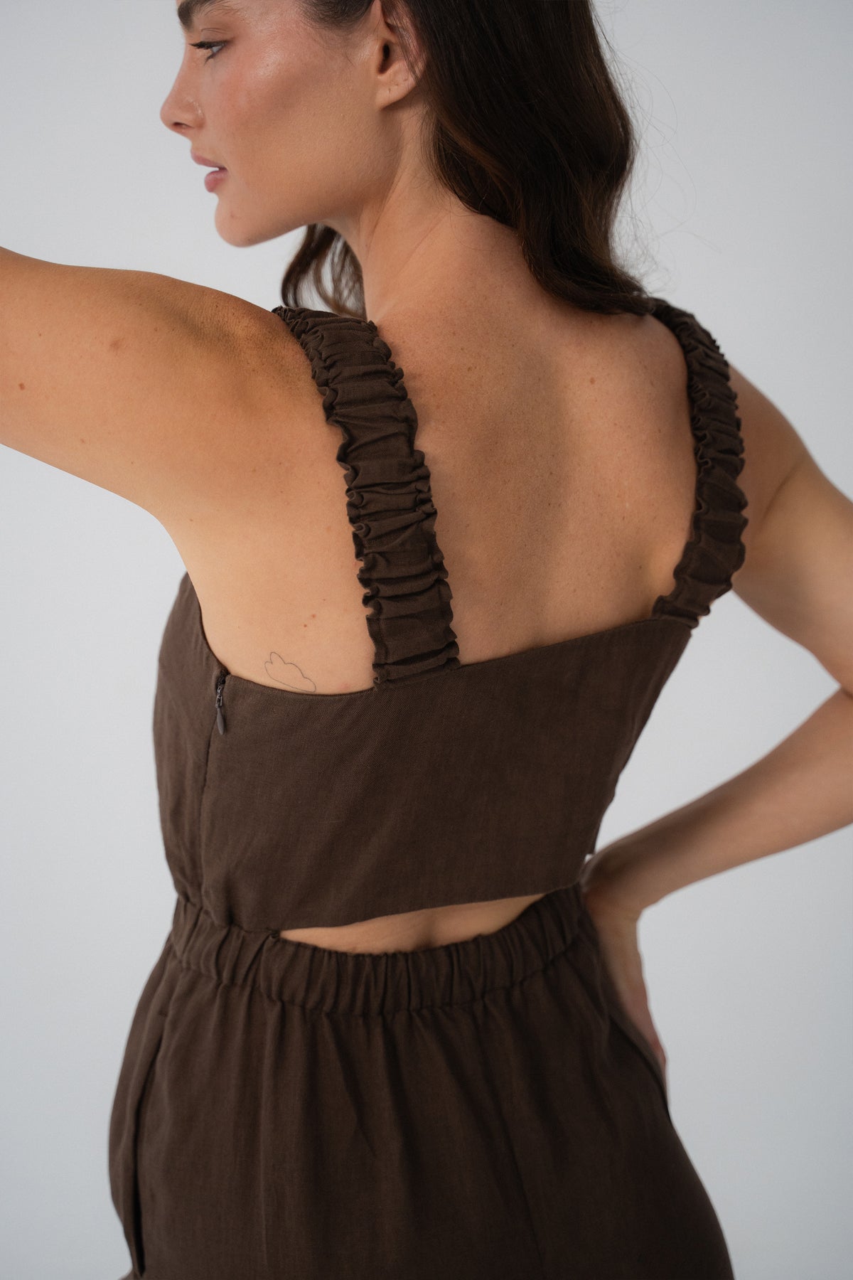 Close up back view of Keely Linen Jumpsuit in Chocolate - Lilly Pilly Collection