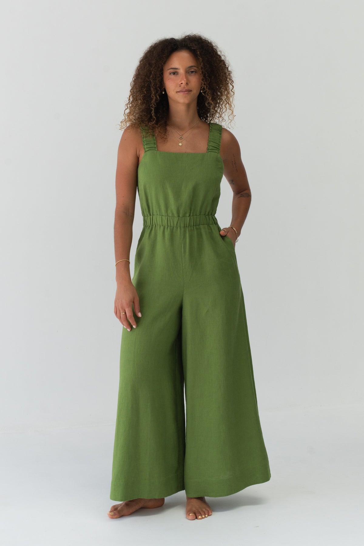 Front view woman in the Keely Linen jumpsuit in Lime Green - Lilly Pilly Collection