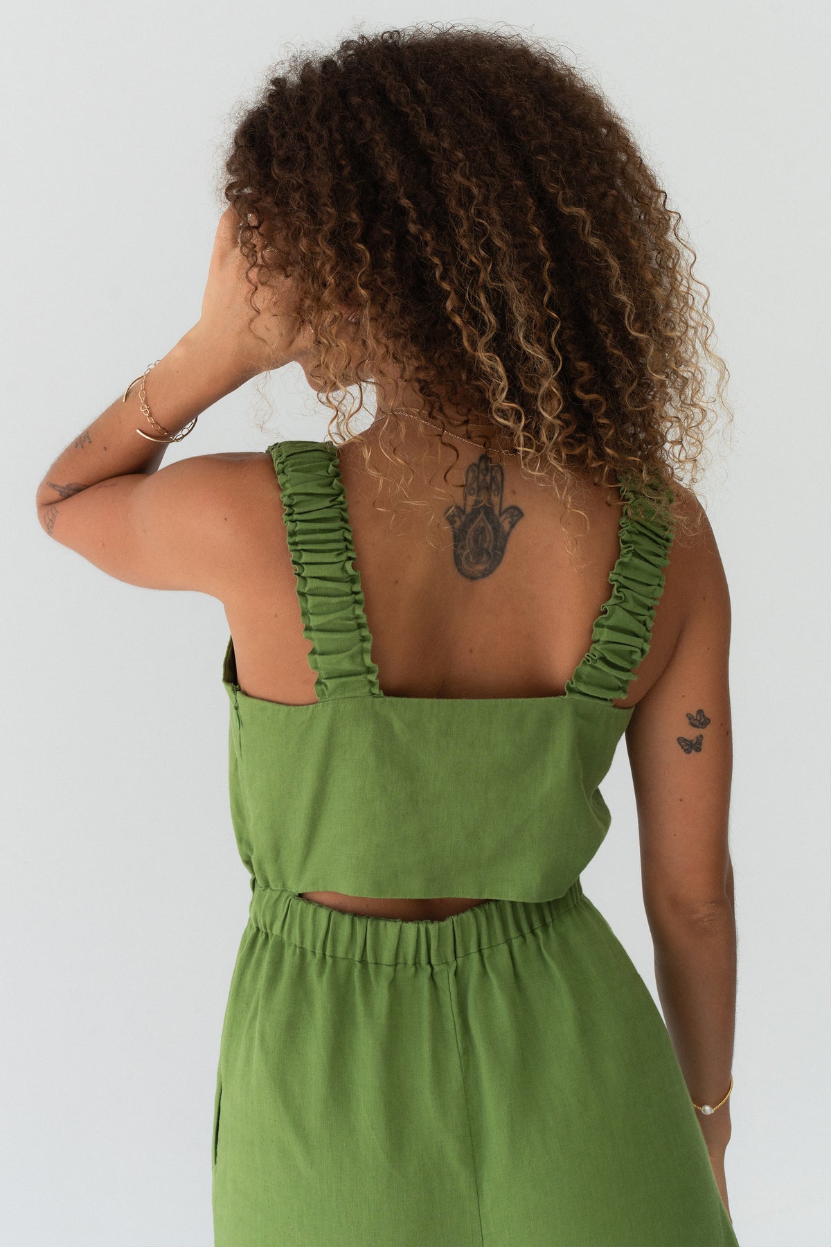 Close up back view of the Keely Linen jumpsuit in Lime Green - Lilly Pilly Collection