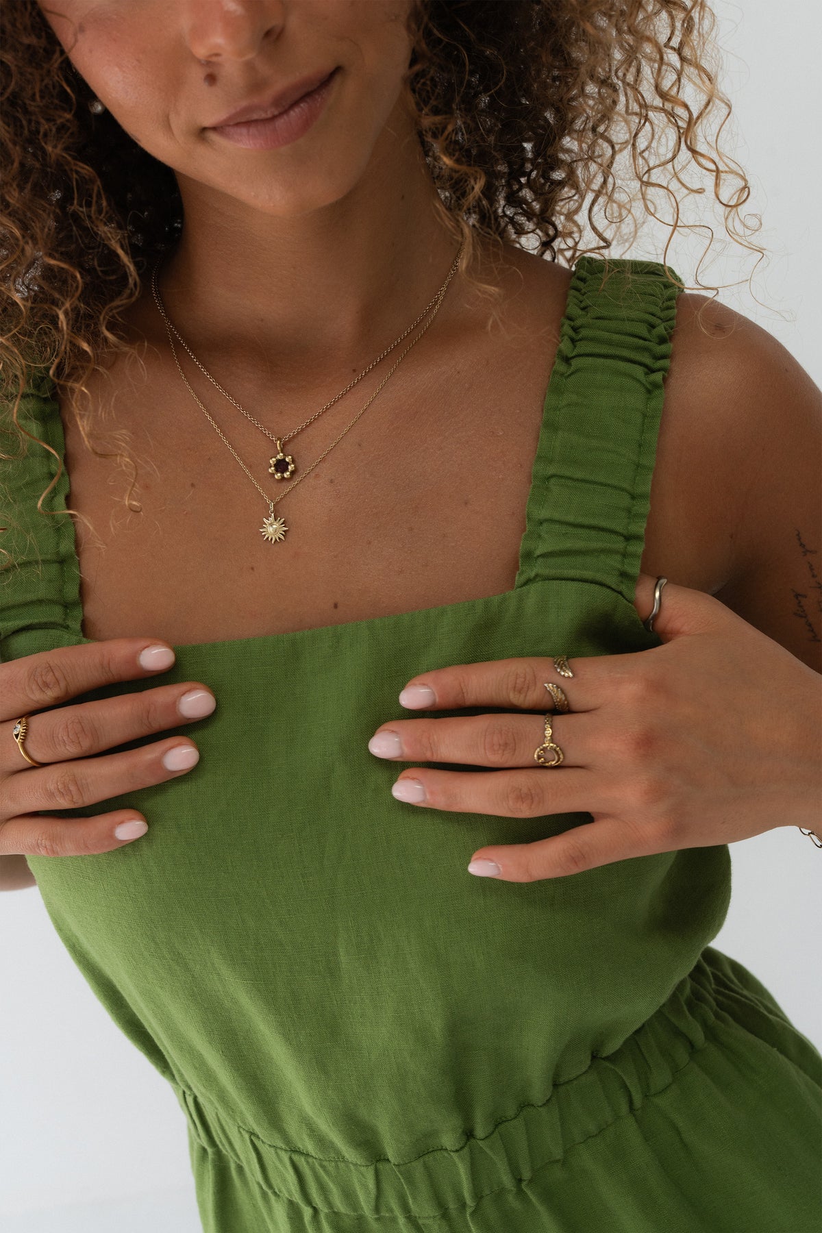 Close-up of the shoulder straps on the Keely Linen jumpsuit in Lime Green - Lilly Pilly Collection