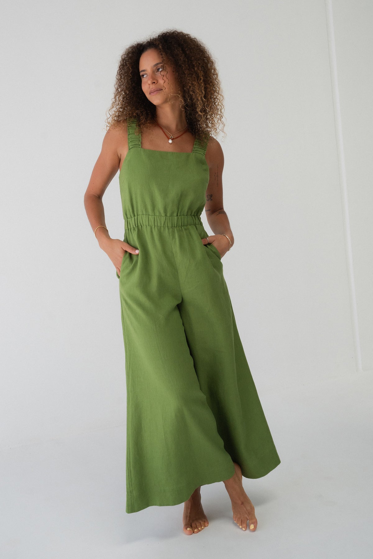 Front view of the Keely Linen jumpsuit in Lime Green - Lilly Pilly Collection