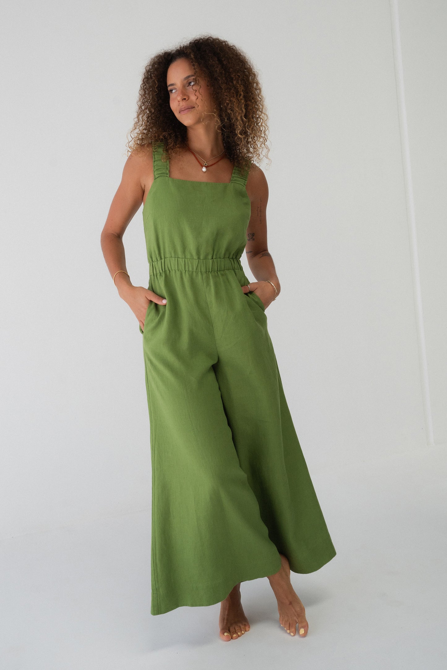 Front view of the Keely Linen jumpsuit in Lime Green - Lilly Pilly Collection