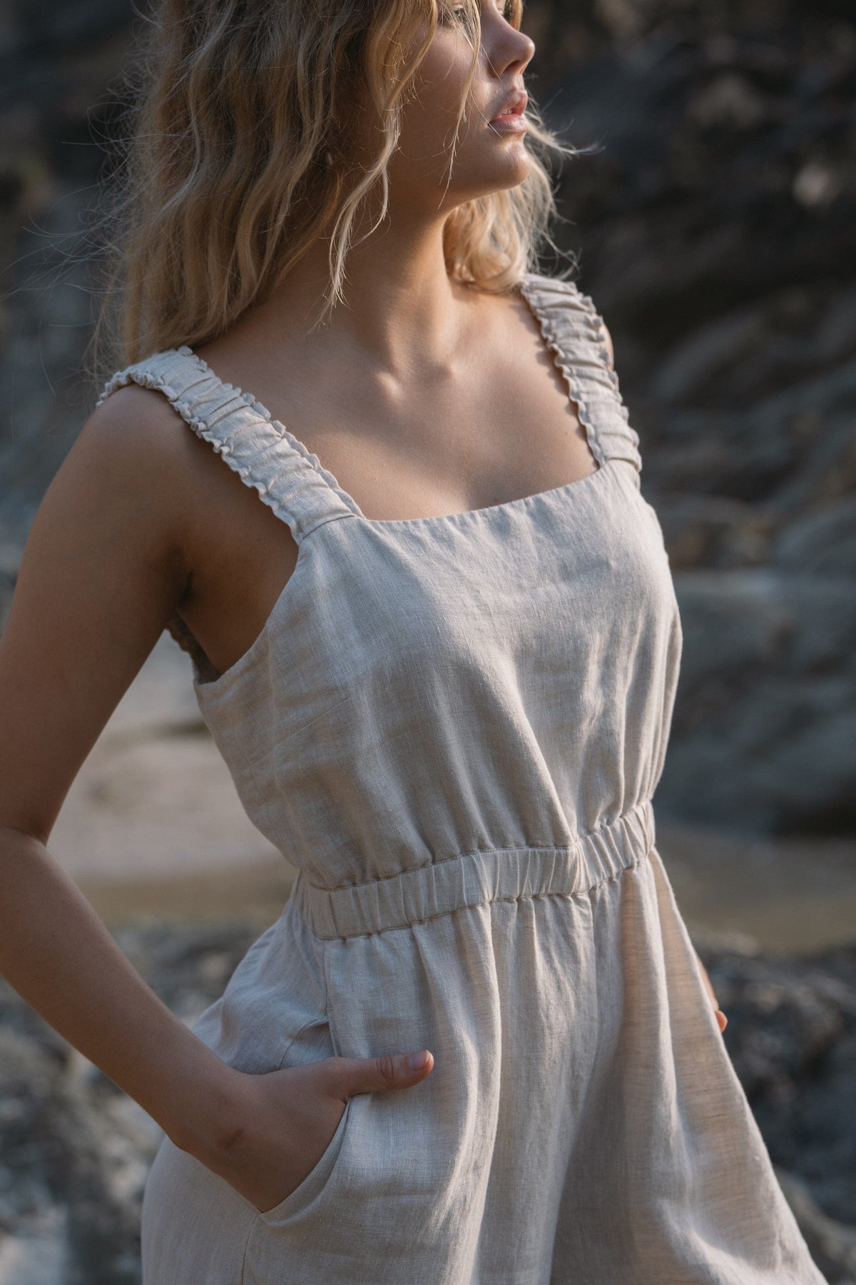 Lilly Pilly Collection European linen Keely jumpsuit in Oatmeal close up of strap details