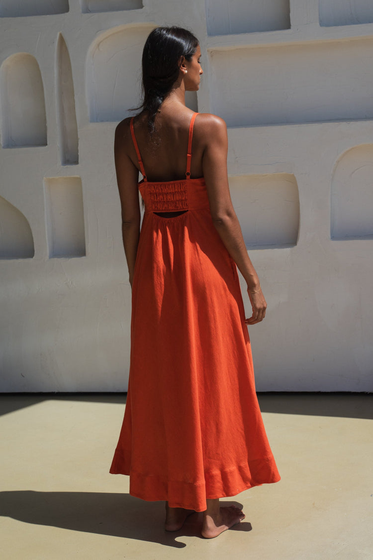 Kiko Linen Midi Dress in Spritz Orange - back view, smocked back panel and cut-out detail - Lilly Pilly Collection