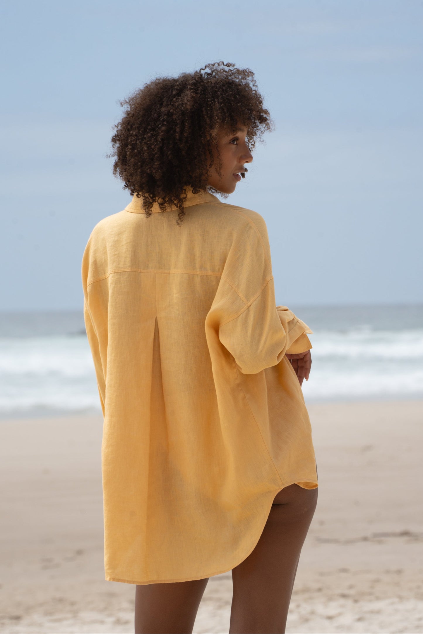 Lilly Pilly Collection Kirra shirt made from European linen in Butter, back view