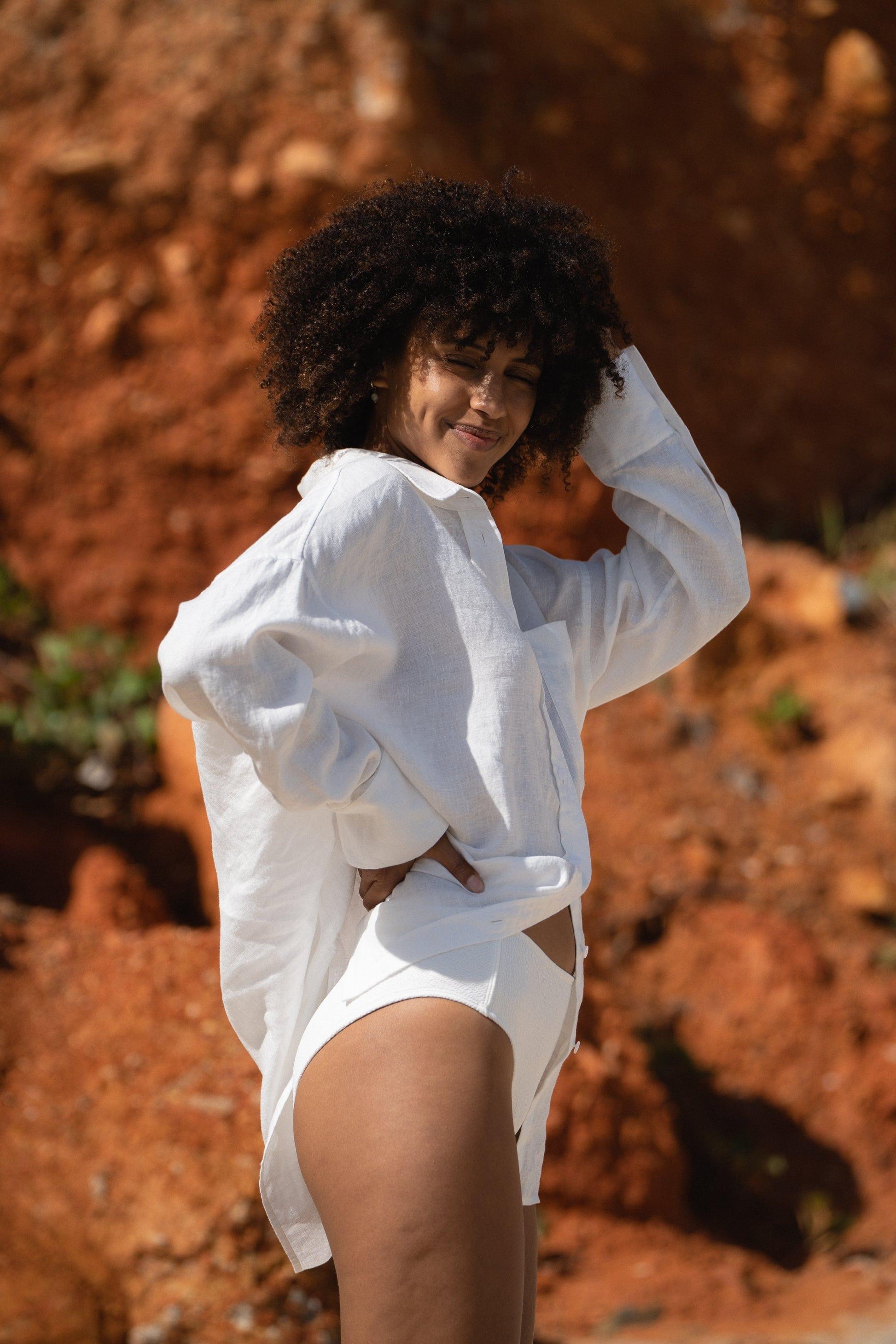 Lilly Pilly Collection Kirra shirt made from European linen in Ivory side view