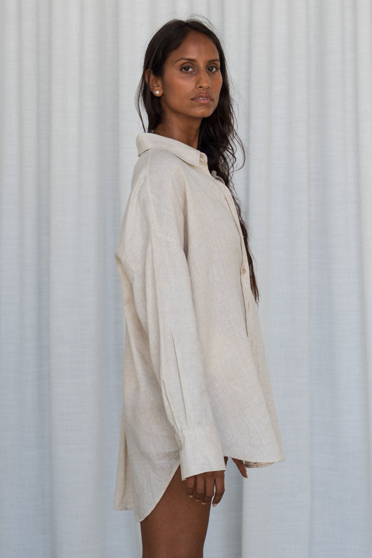 Kirra Linen Shirt in Oatmeal - front view, white curtain background - Lilly Pilly Collection