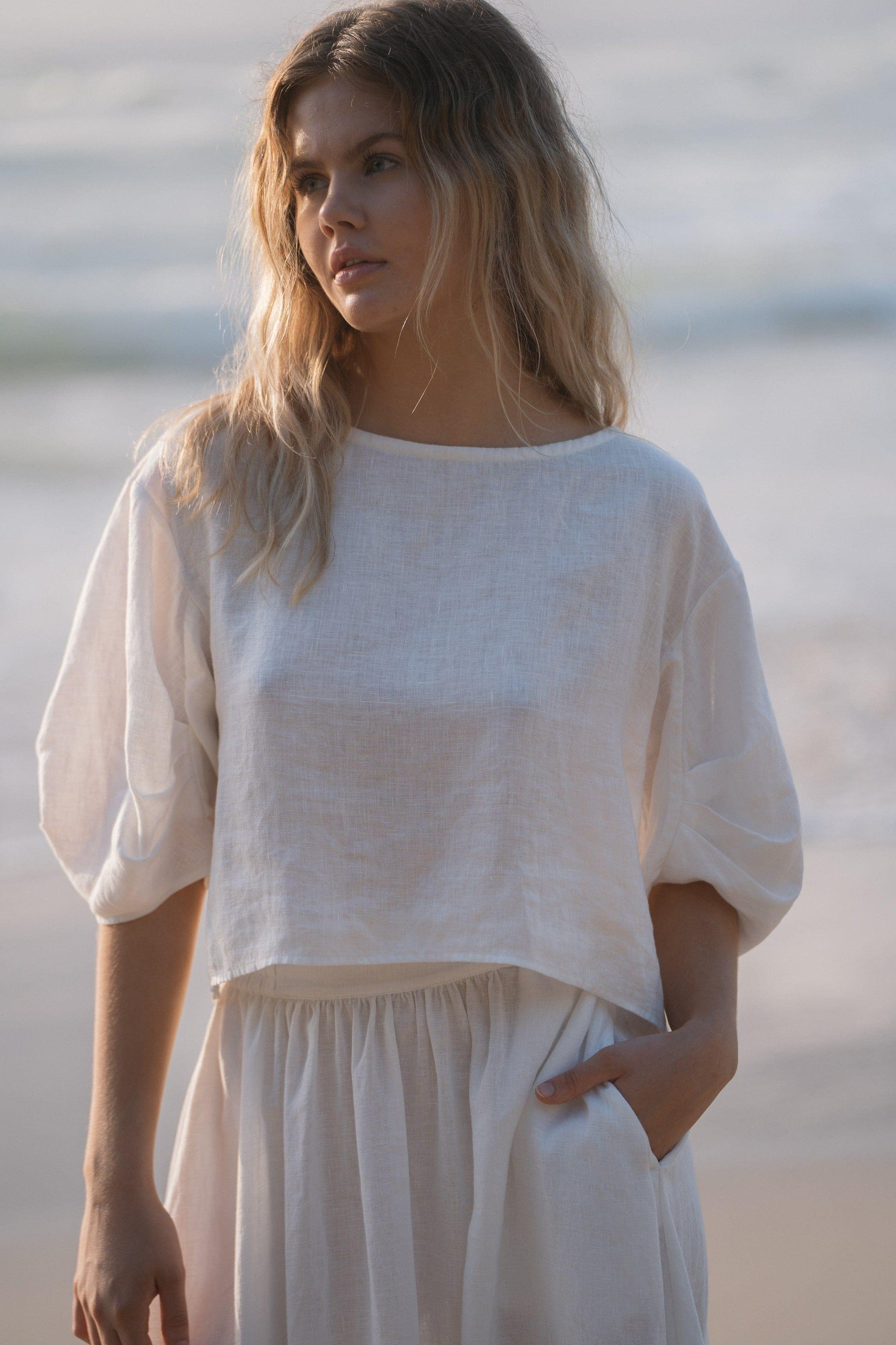 LILLY PILLY Leia linen top in Ivory