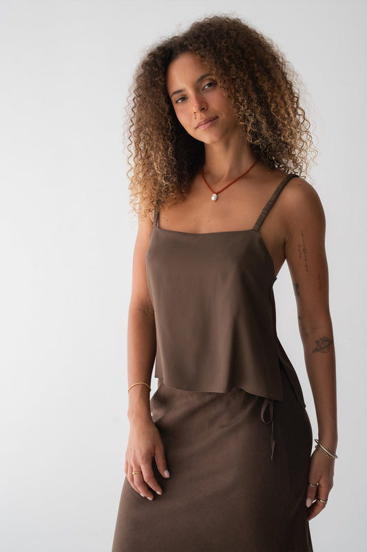 Leni Silk Cami in Chocolate - close-up, square neckline and thin straps, pearl necklace - Lilly Pilly Collection