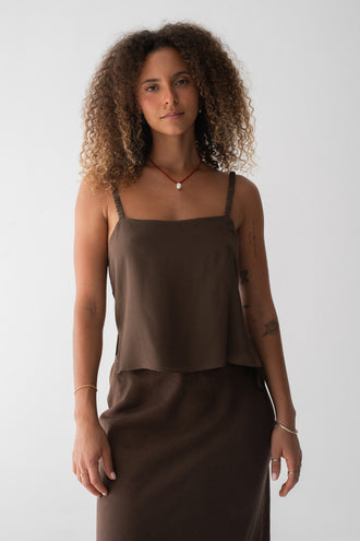 Leni Silk Cami in Chocolate - front view, square neckline and thin straps, worn with Riley Linen Skirt in Chocolate - Lilly Pilly Collection