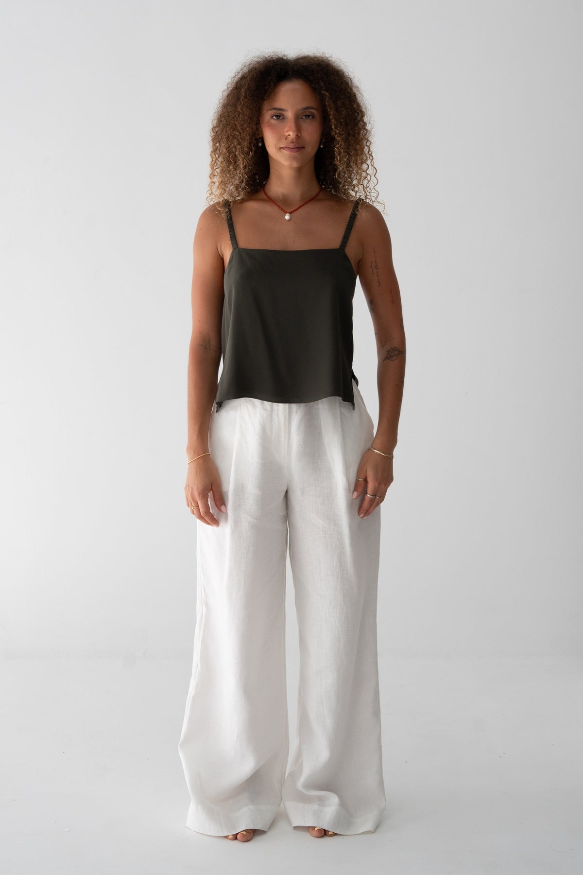 Leni Silk Cami in Khaki - full length front view, square neckline and thin straps, worn with Oli Pants in Ivory - Lilly Pilly Collection