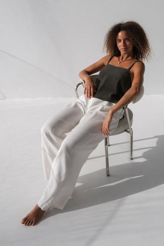Leni Silk Cami in Khaki - full length seated, square neckline and thin straps, worn with Oli Pants in Ivory - Lilly Pilly Collection