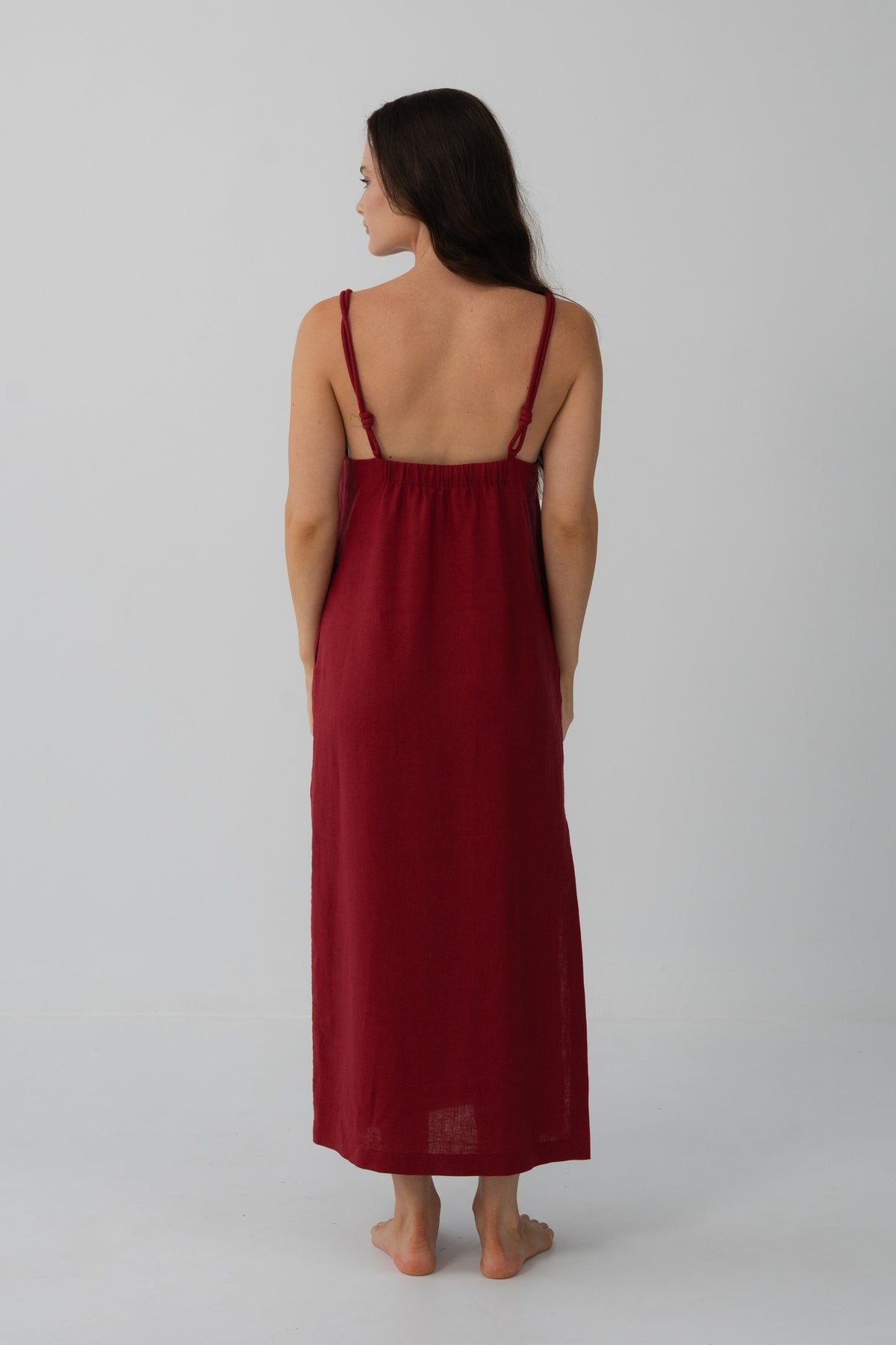 Lia Linen Midi Slip Dress in Cherry Red - back view, open back, knotted straps and gathered yoke - Lilly Pilly Collection