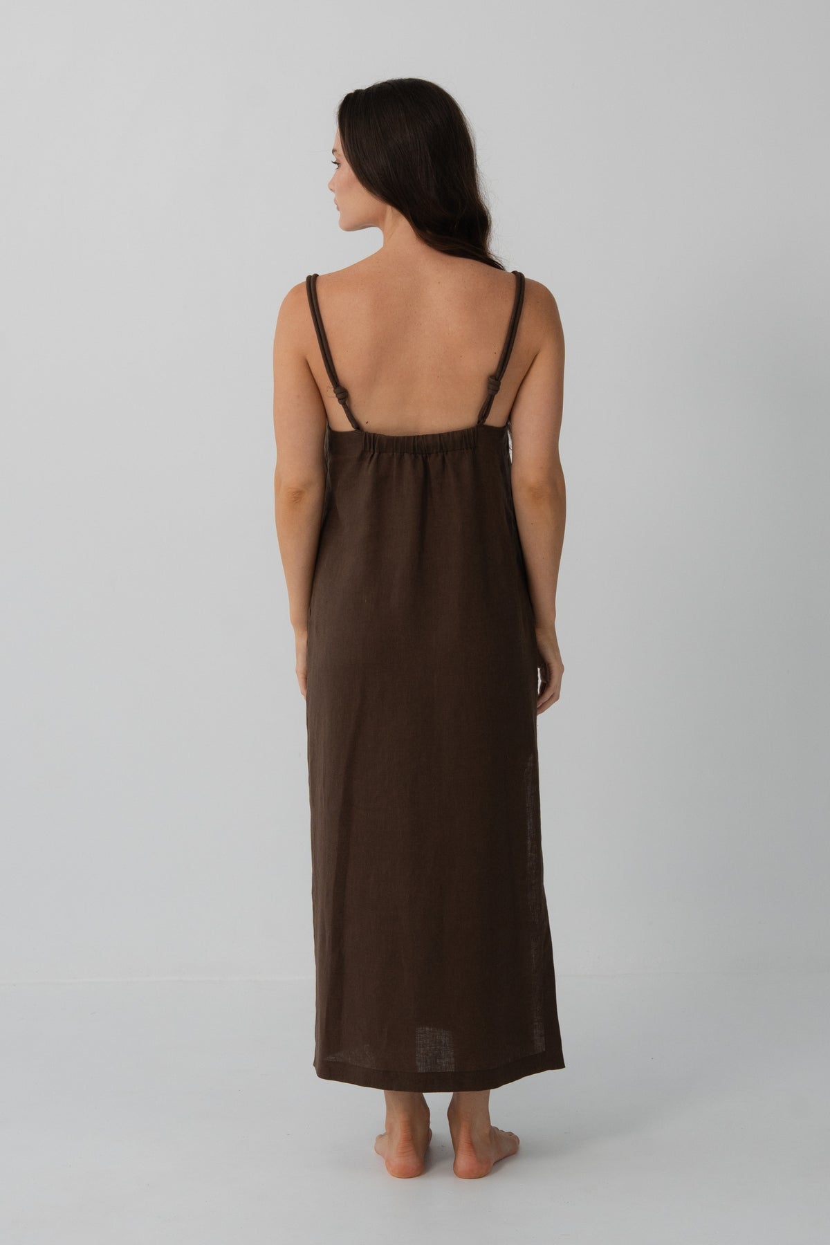 Lia Linen Midi Slip Dress in Chocolate - back view, open back, gathered yoke and braided straps - Lilly Pilly Collection