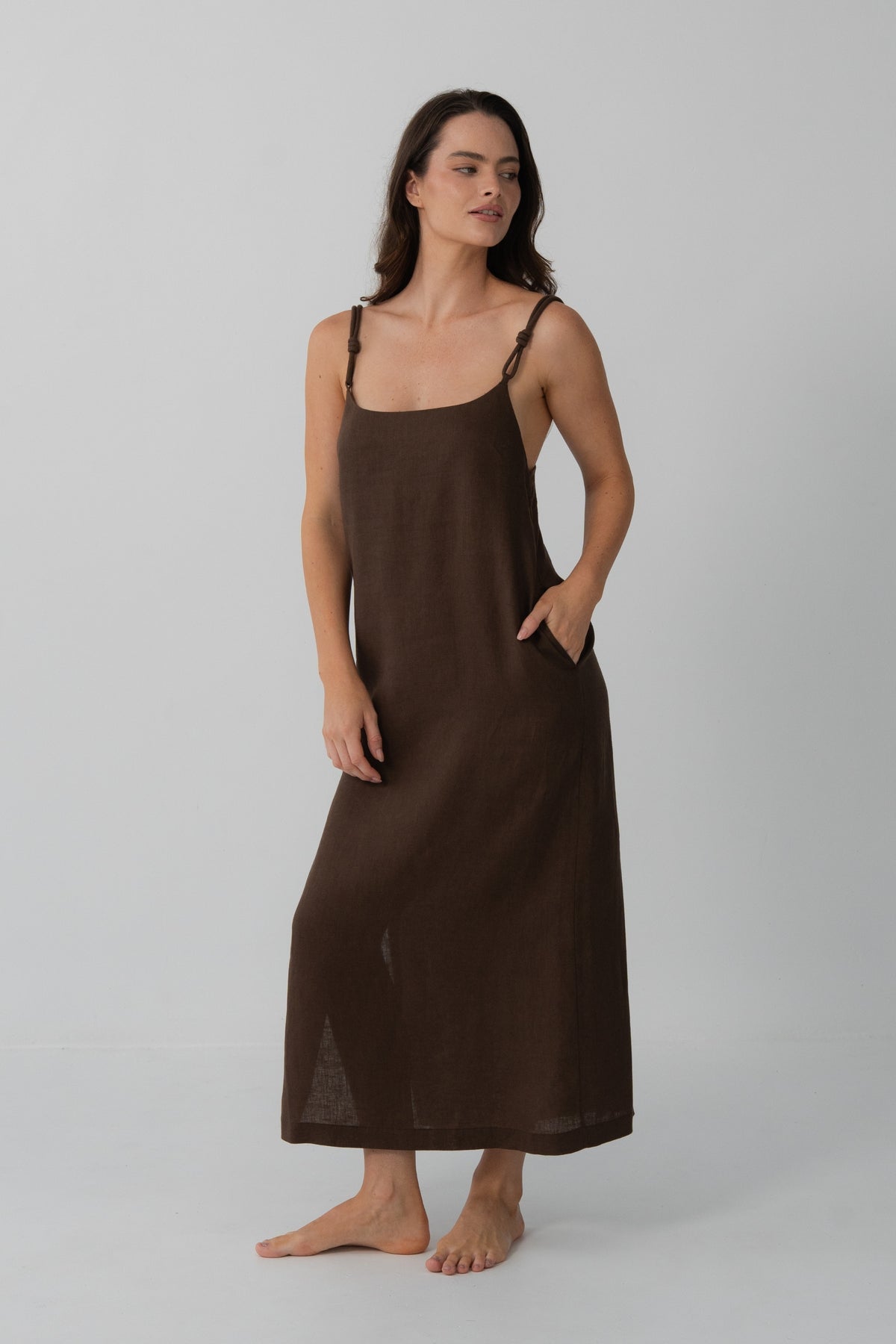 Lia Linen Midi Slip Dress in Chocolate - full front view, scoop neckline, braided straps and side split - Lilly Pilly Collection