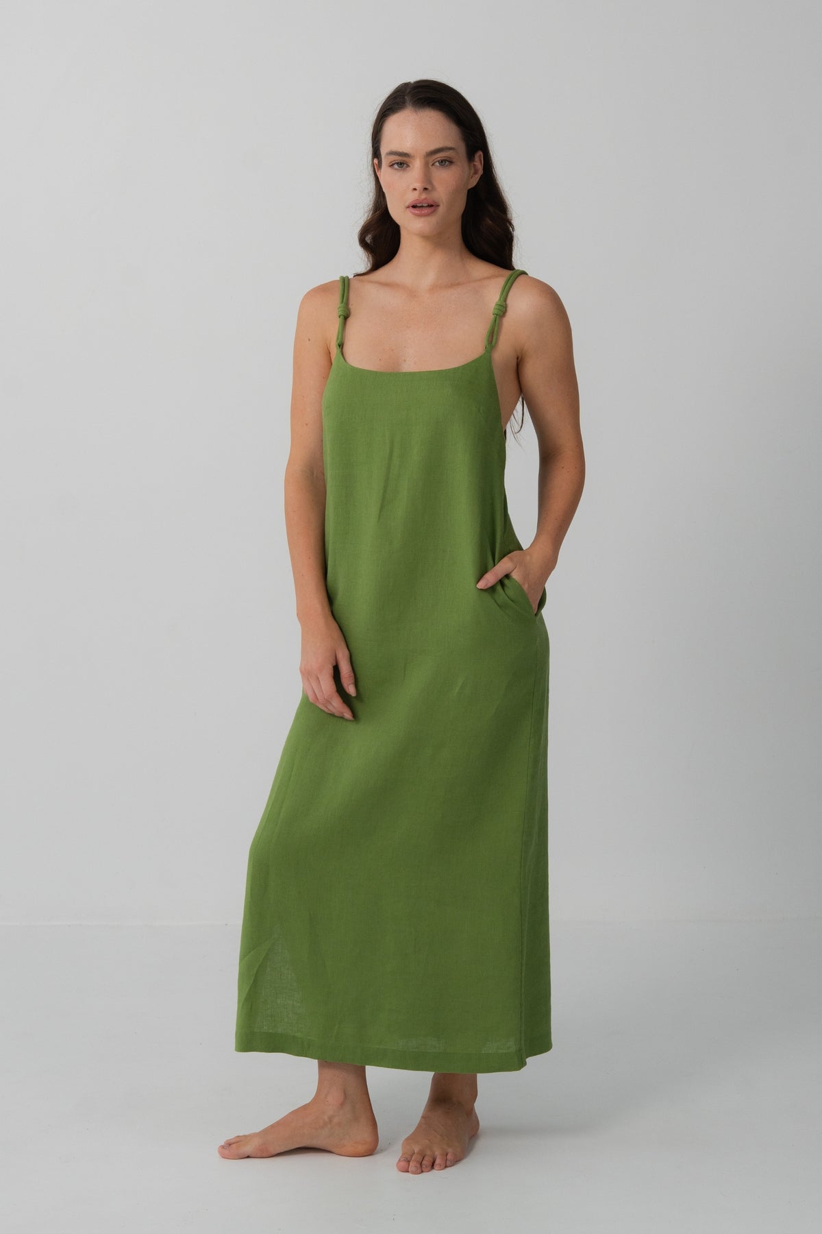 Lia Linen Midi Slip Dress in Lime Green - full front view, scoop neckline, braided straps and side split - Lilly Pilly Collection