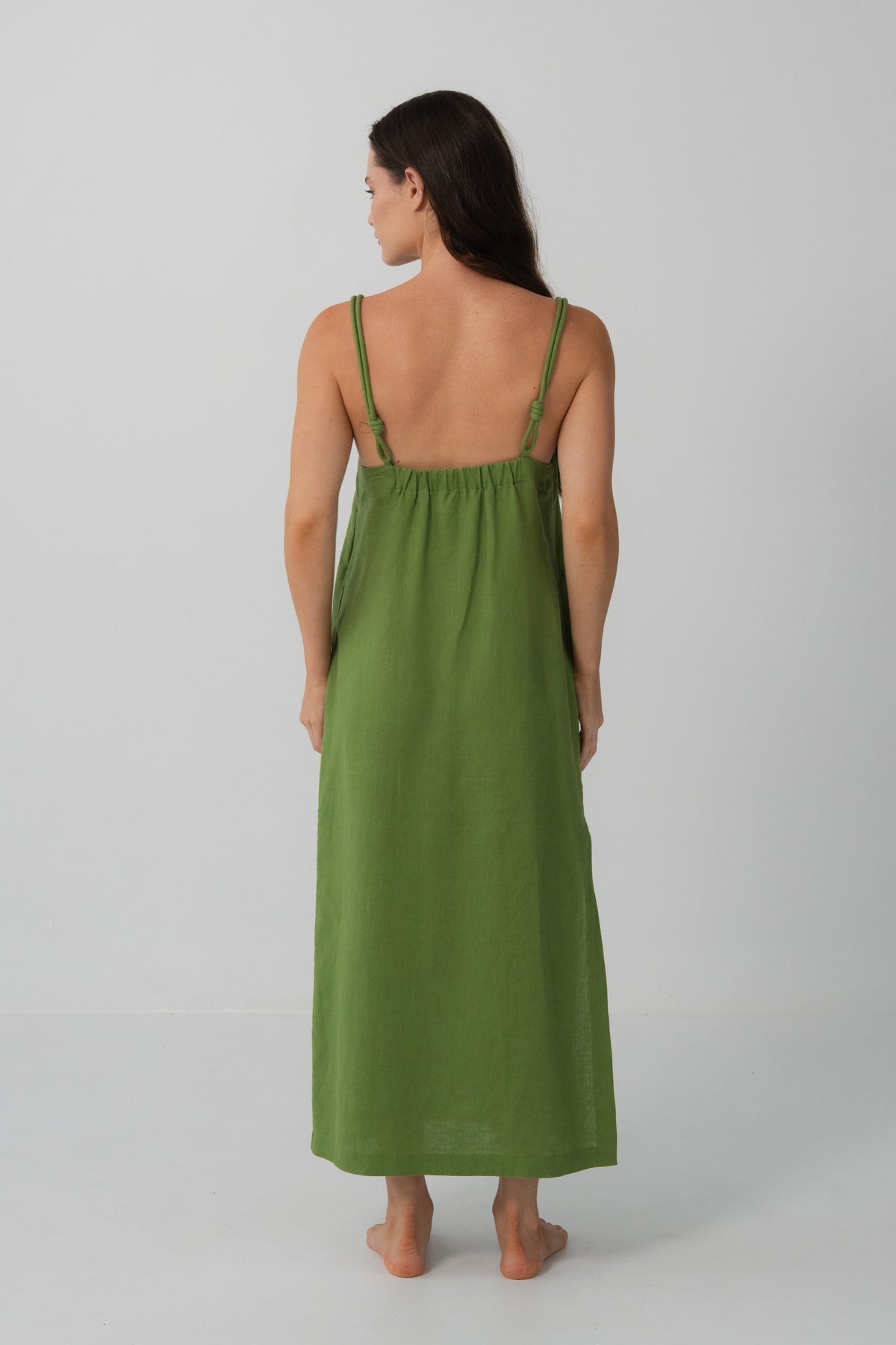 Lia Linen Midi Slip Dress in Lime Green - back view, gathered yoke and braided straps, midi length - Lilly Pilly Collection