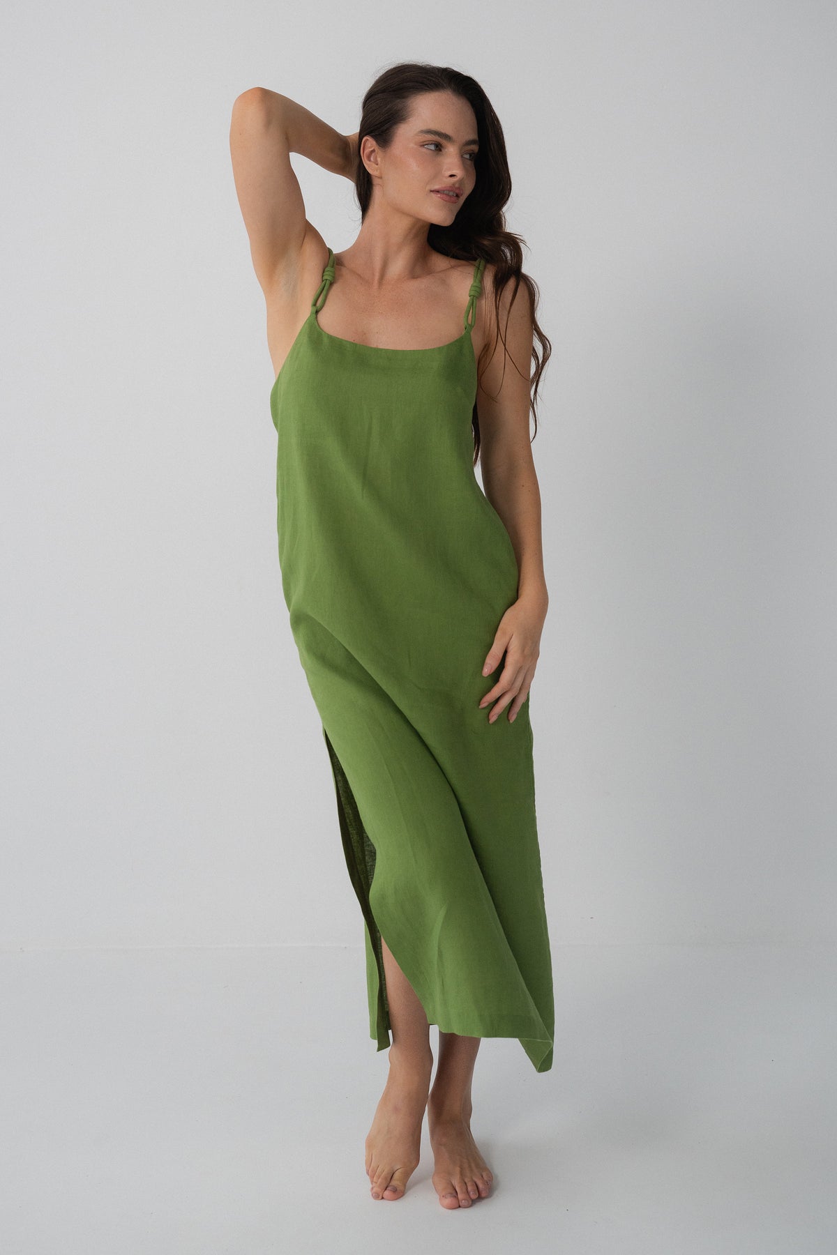 Lia Linen Midi Slip Dress in Lime Green - back view, open back with braided straps and gathered yoke - Lilly Pilly Collection