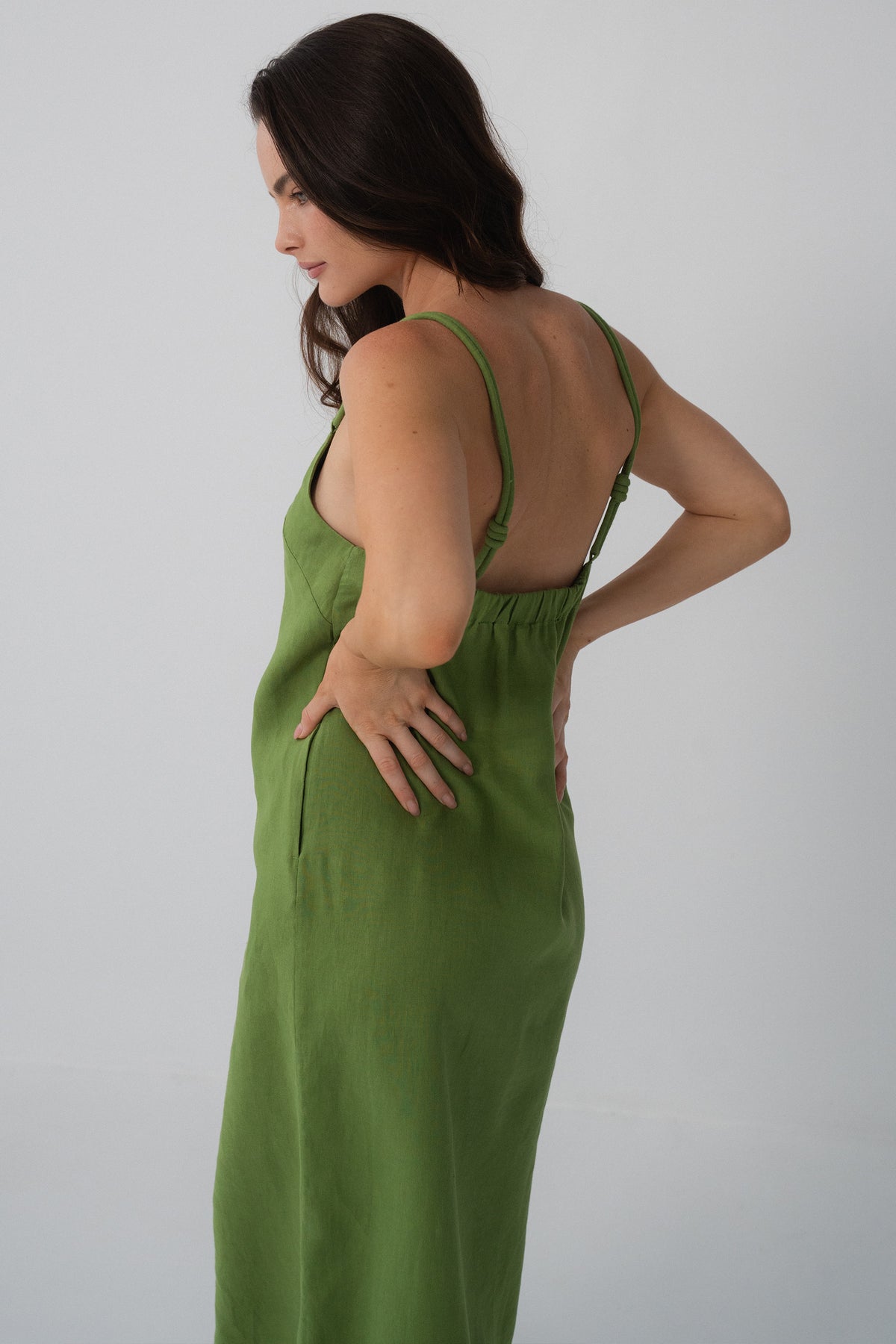 Lia Linen Midi Slip Dress in Lime Green - side profile, open back and relaxed midi length - Lilly Pilly Collection