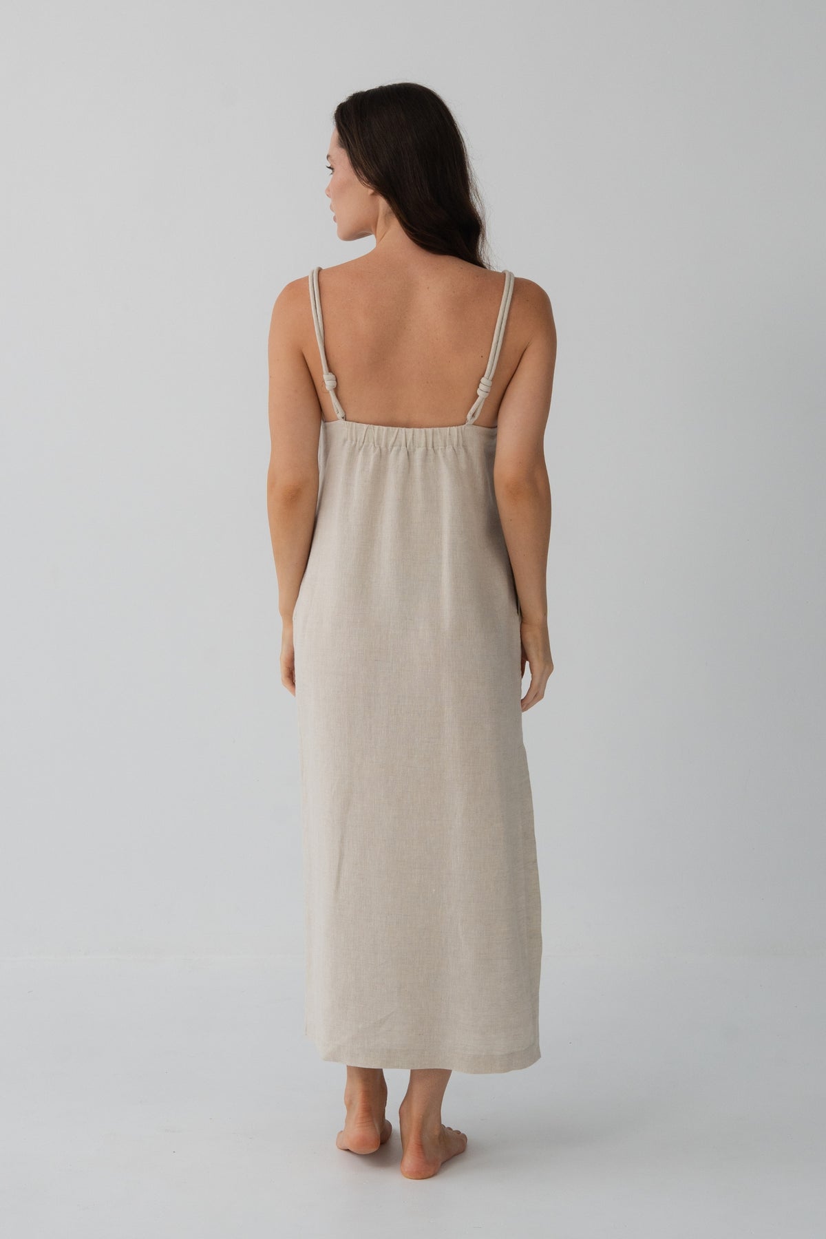Lia Linen Midi Slip Dress in Oatmeal - back view, gathered back yoke and braided straps - Lilly Pilly Collection