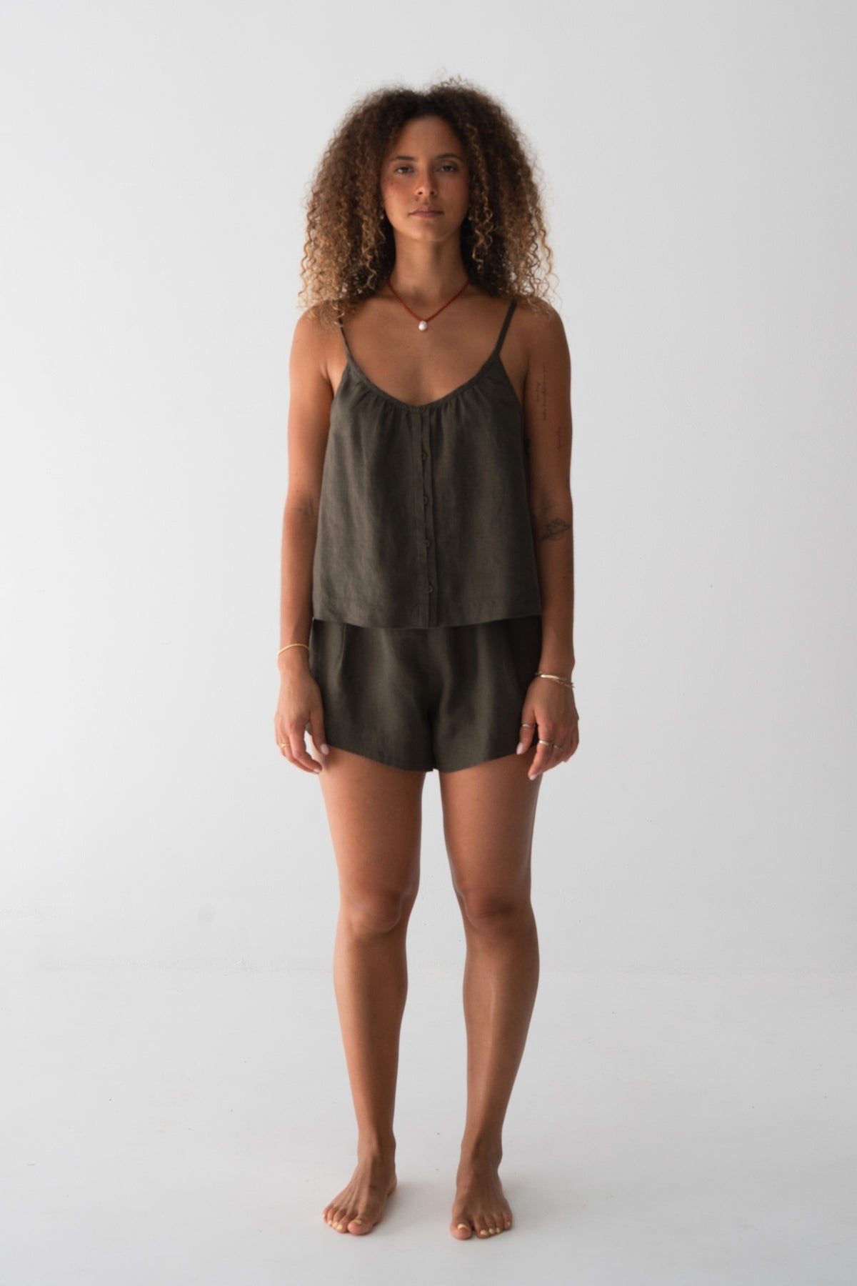 Lola Linen Cami in Khaki - full length front view, gathered scoop neckline and button-front, styled with matching Gaia Linen Shorts - Lilly Pilly Collection