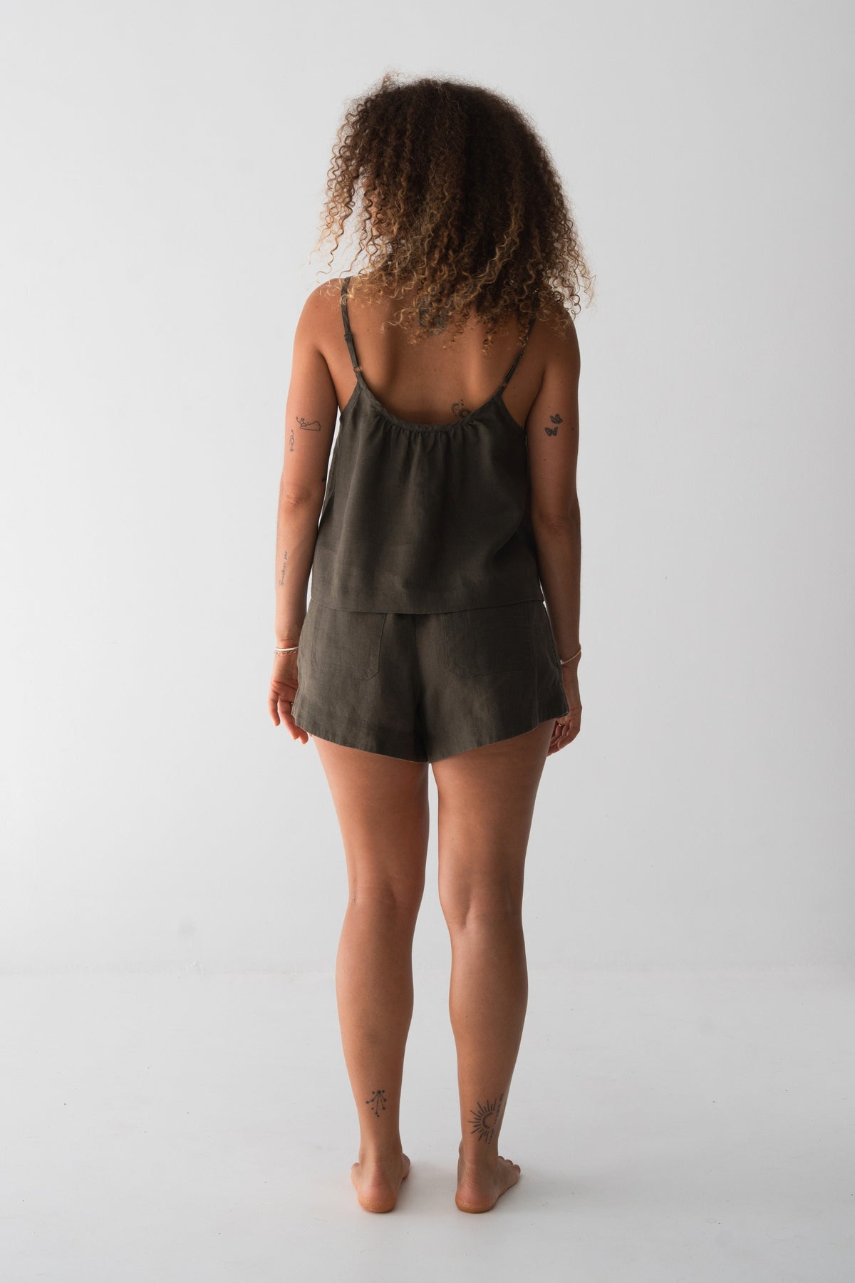 Lola Linen Cami in Khaki - back view, spaghetti straps, styled with matching Gaia Linen Shorts - Lilly Pilly Collection
