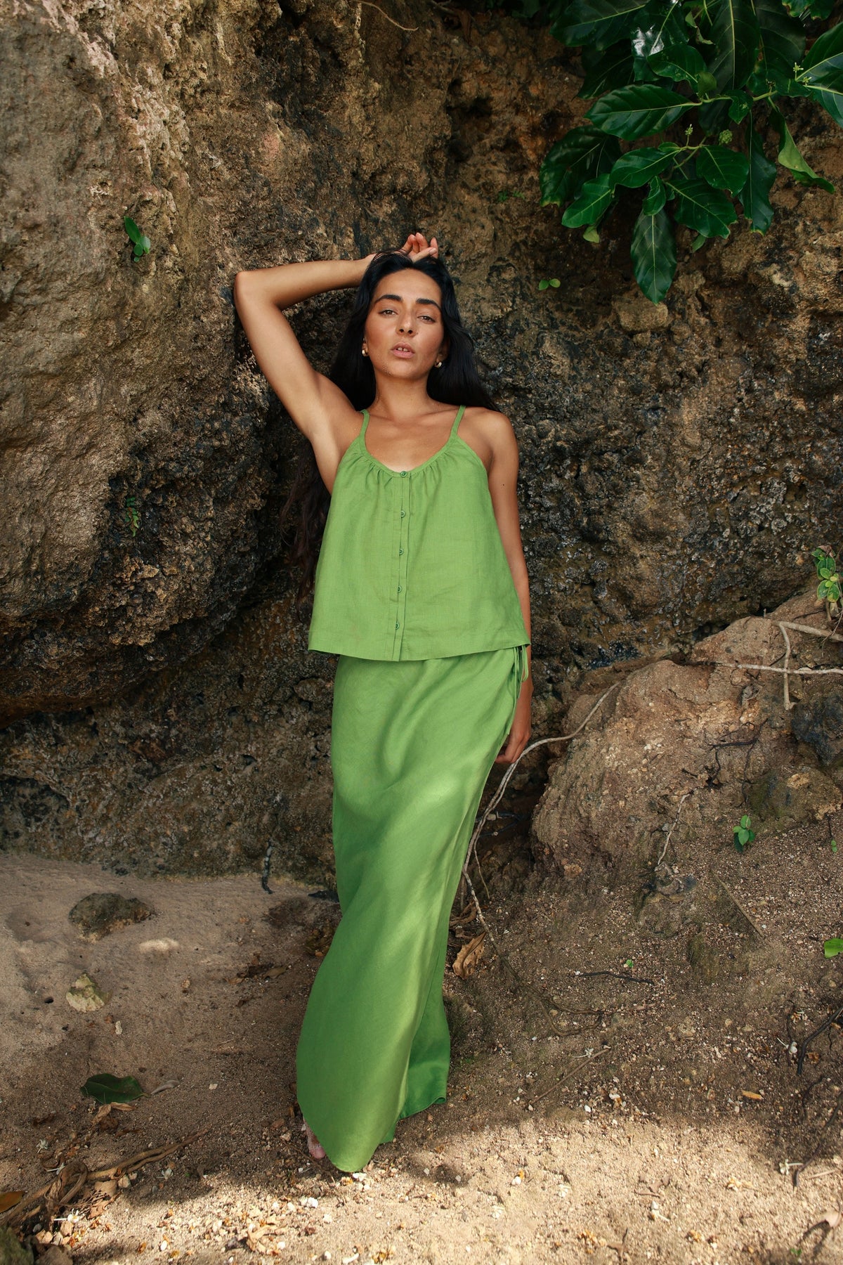 Lola Linen Cami in Lime Green - full length, gathered scoop neckline and button-front, styled with matching Riley Linen Maxi Skirt, sandstone rock backdrop - Lilly Pilly Collection