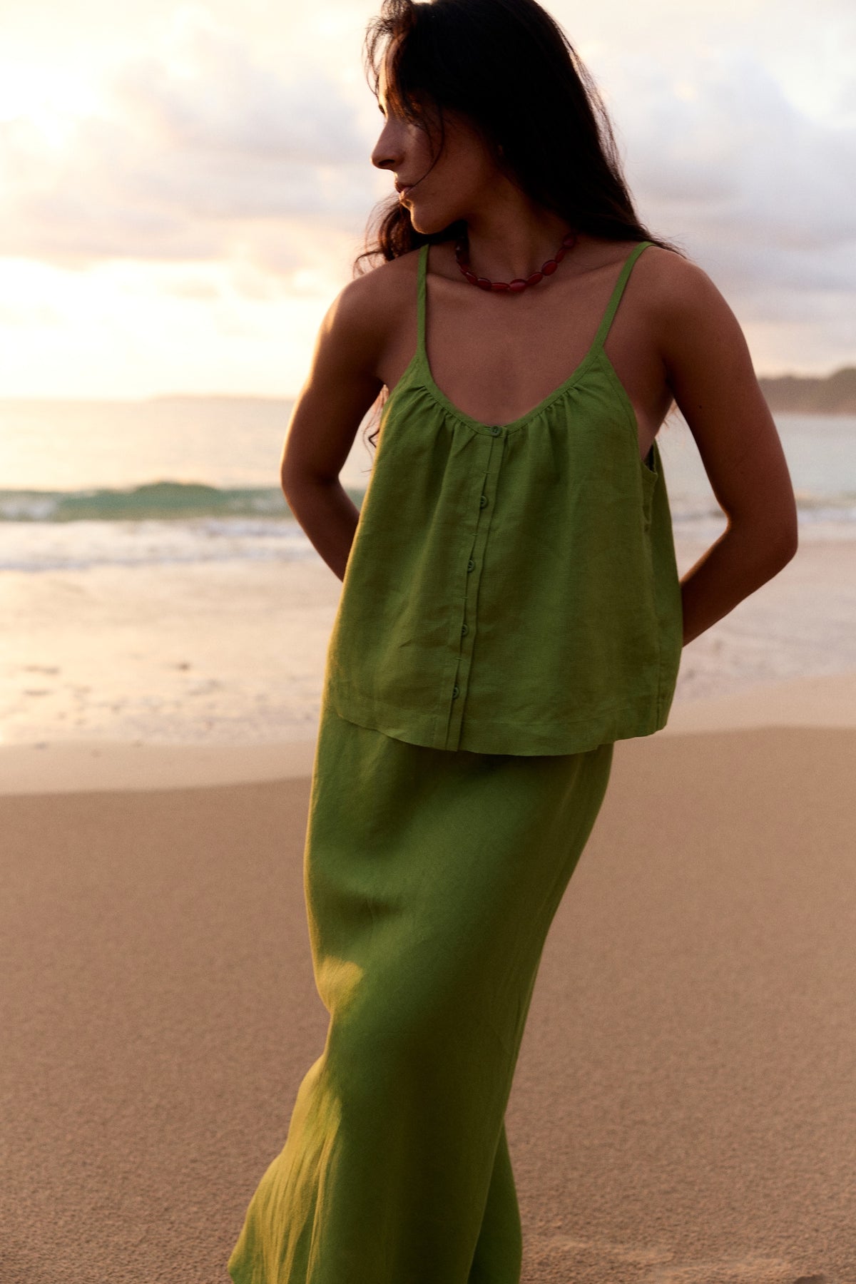 Lola Linen Cami in Lime Green - front view, spaghetti straps and button-front, styled with matching Riley Linen Maxi Skirt, sunset beach - Lilly Pilly Collection