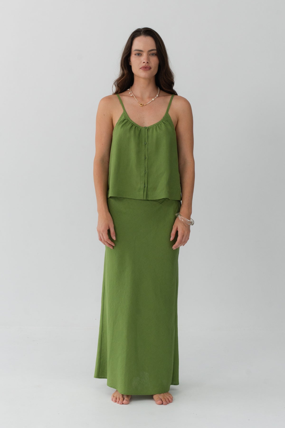 Lola Linen Cami in Lime Green - front view, gathered scoop neckline and button-front, styled with matching Riley Linen Maxi Skirt - Lilly Pilly Collection