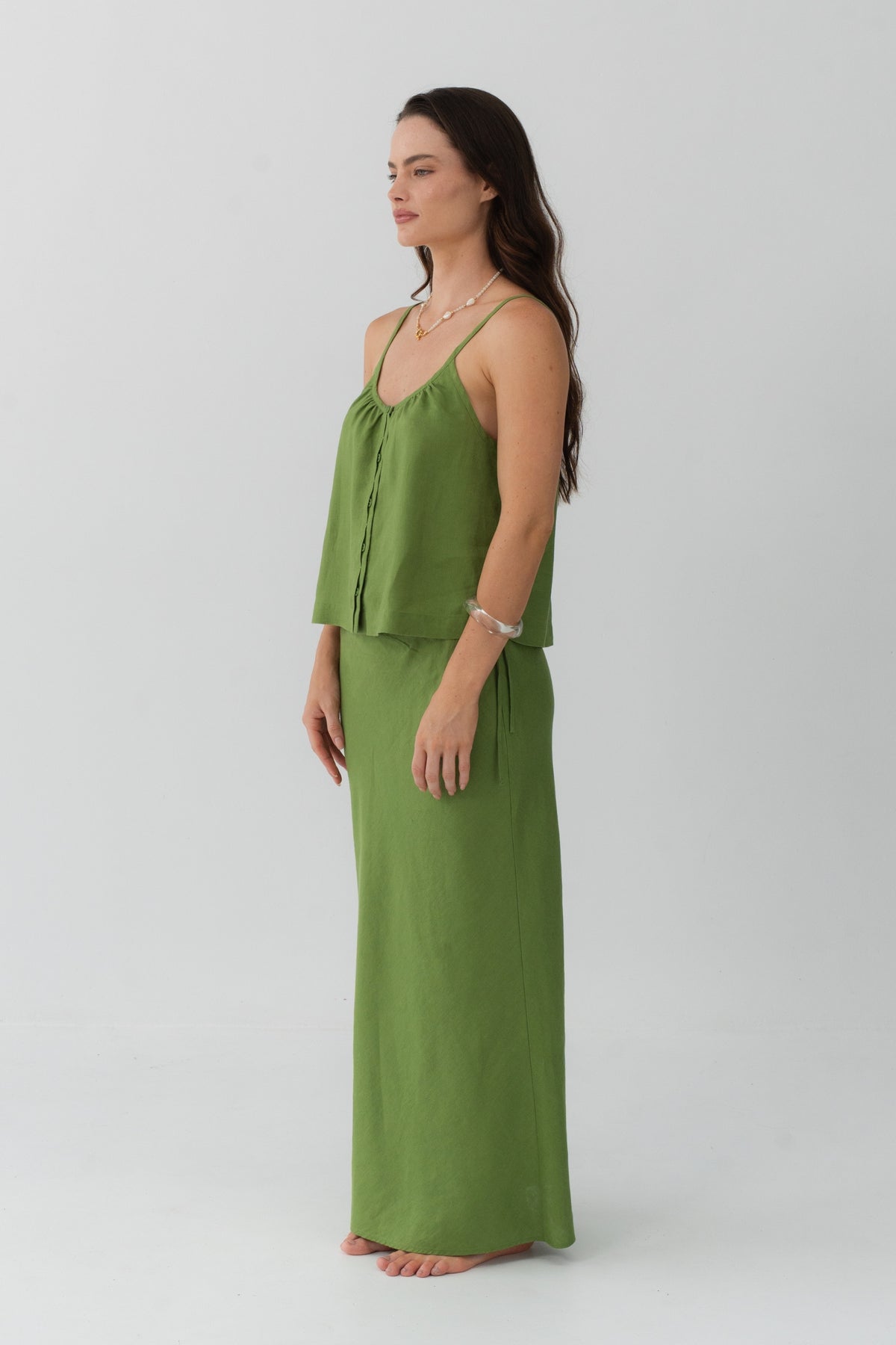 Lola Linen Cami in Lime Green - side profile, spaghetti straps and gathered neckline, styled with matching Riley Linen Maxi Skirt - Lilly Pilly Collection