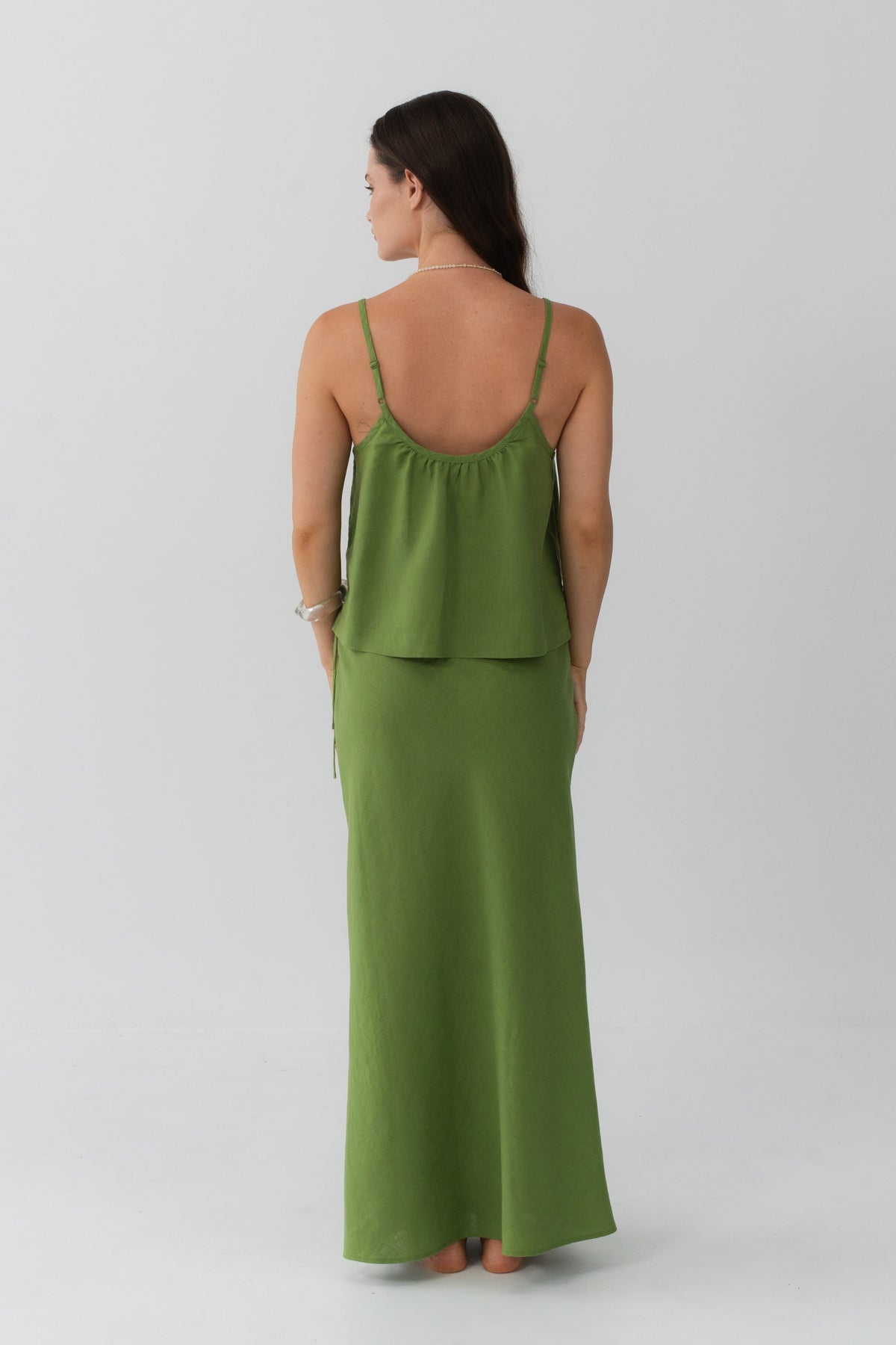 Lola Linen Cami in Lime Green - back view, spaghetti straps and button-front, styled with matching Riley Linen Maxi Skirt - Lilly Pilly Collection