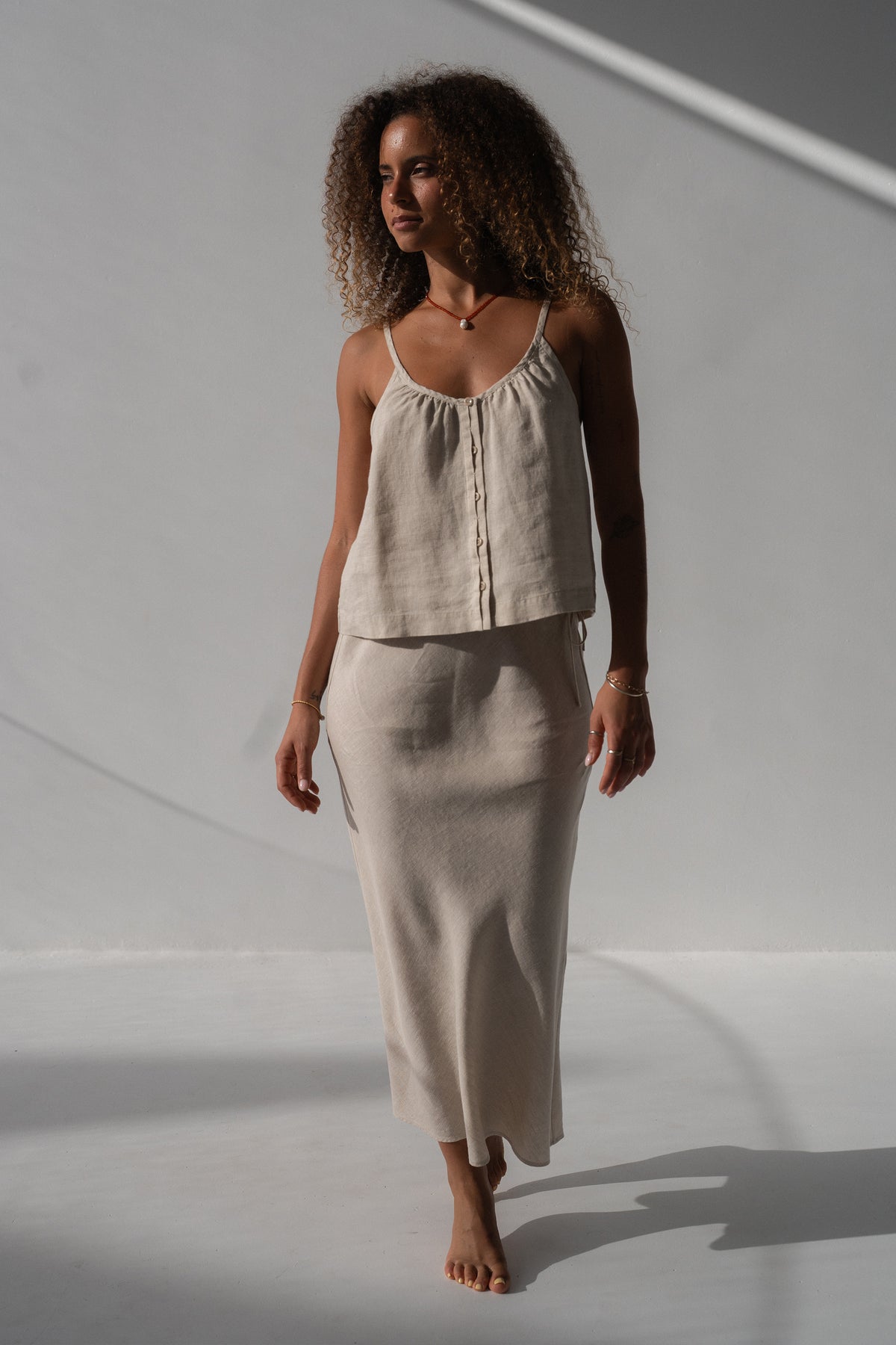 Lola Linen Cami in Oatmeal - full length, gathered scoop neckline and button-front, styled with Riley Bias Linen Midi Skirt in Oatmeal - Lilly Pilly Collection