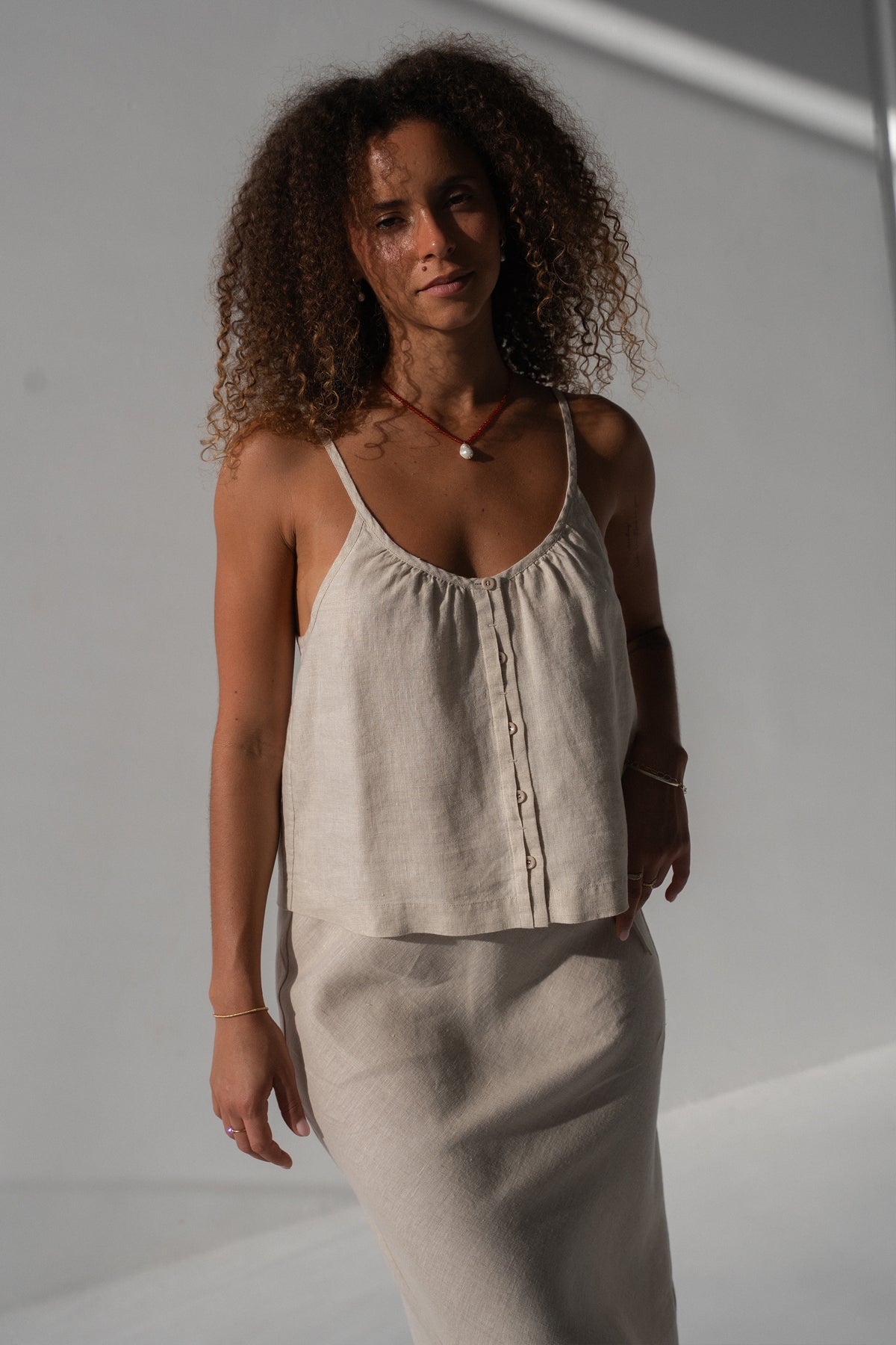 Lola Linen Cami in Oatmeal - front view, gathered scoop neckline and button-front, styled with Riley Bias Linen Midi Skirt in Oatmeal - Lilly Pilly Collection